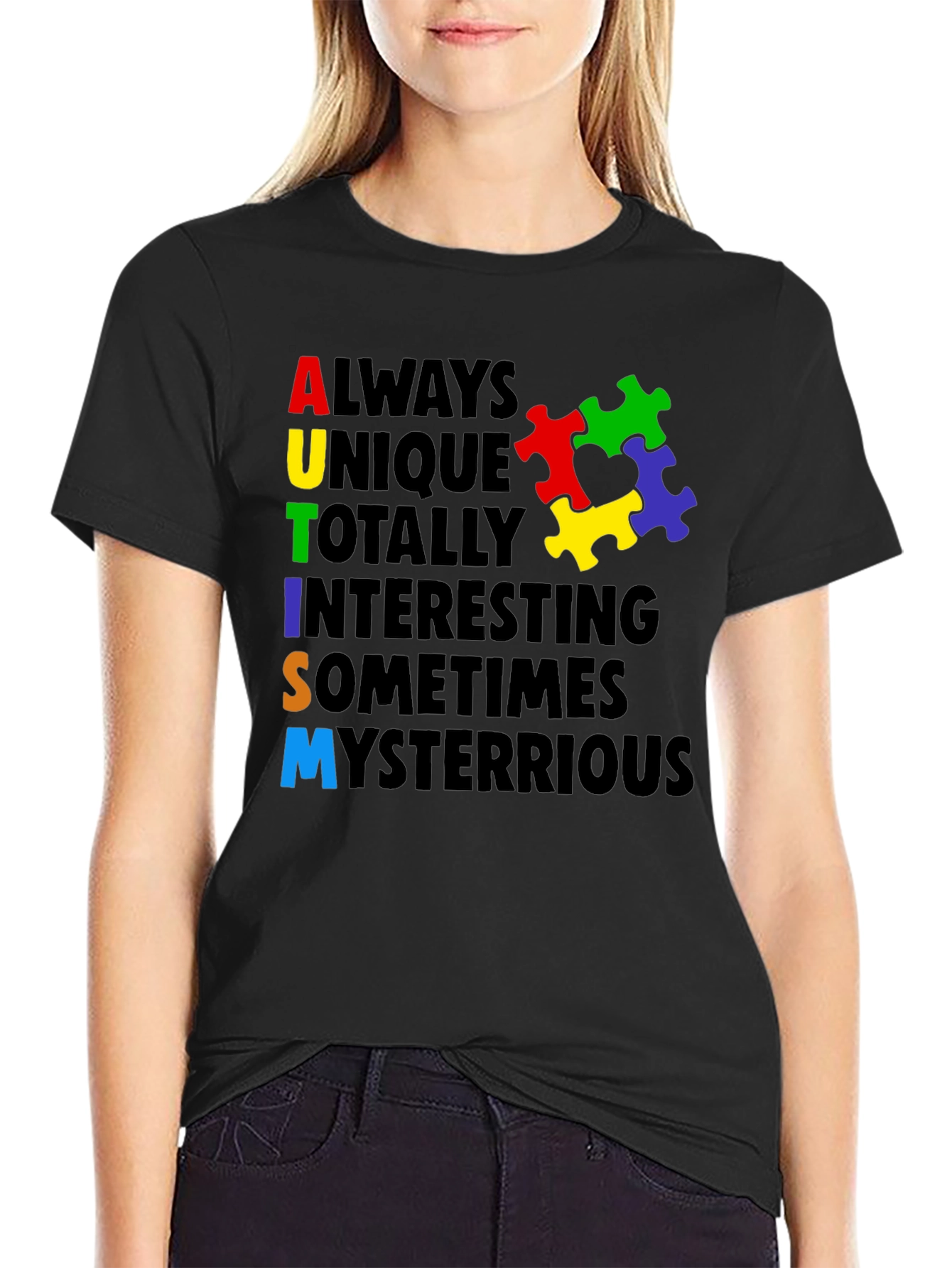 Black Autism Awareness T-Shirt - Colorful Puzzle Design view 2