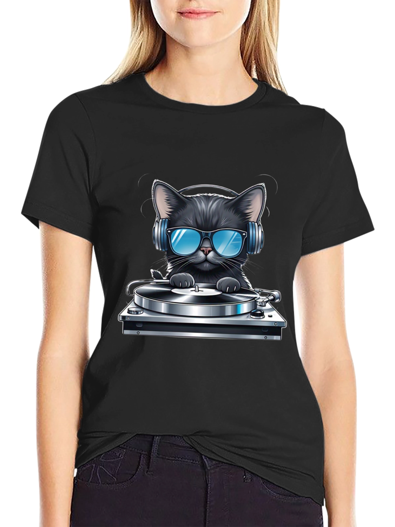 Black DJ Cat T-Shirt - Black view 2