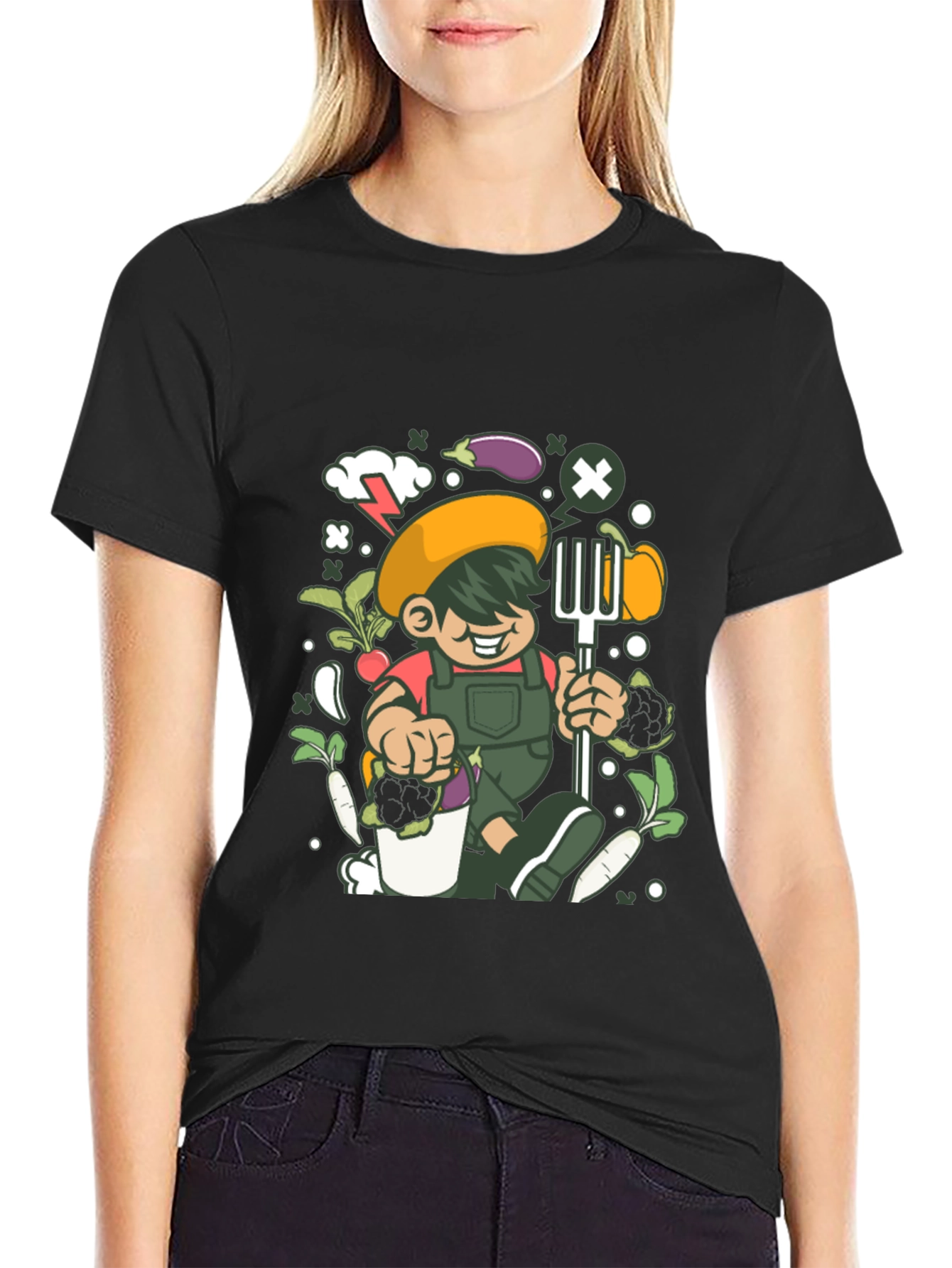 Black Gardener Cartoon T-Shirt, Black Unisex Tee view 2