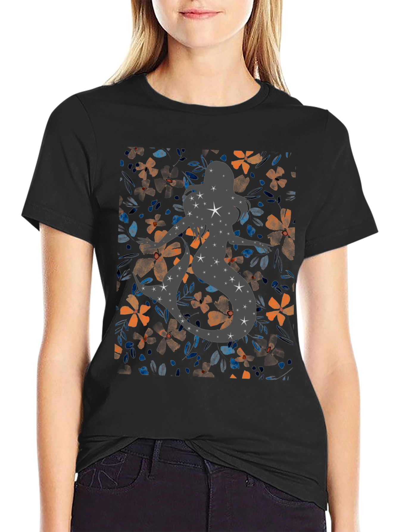 Floral Mermaid Starry Silhouette T-Shirt - 2