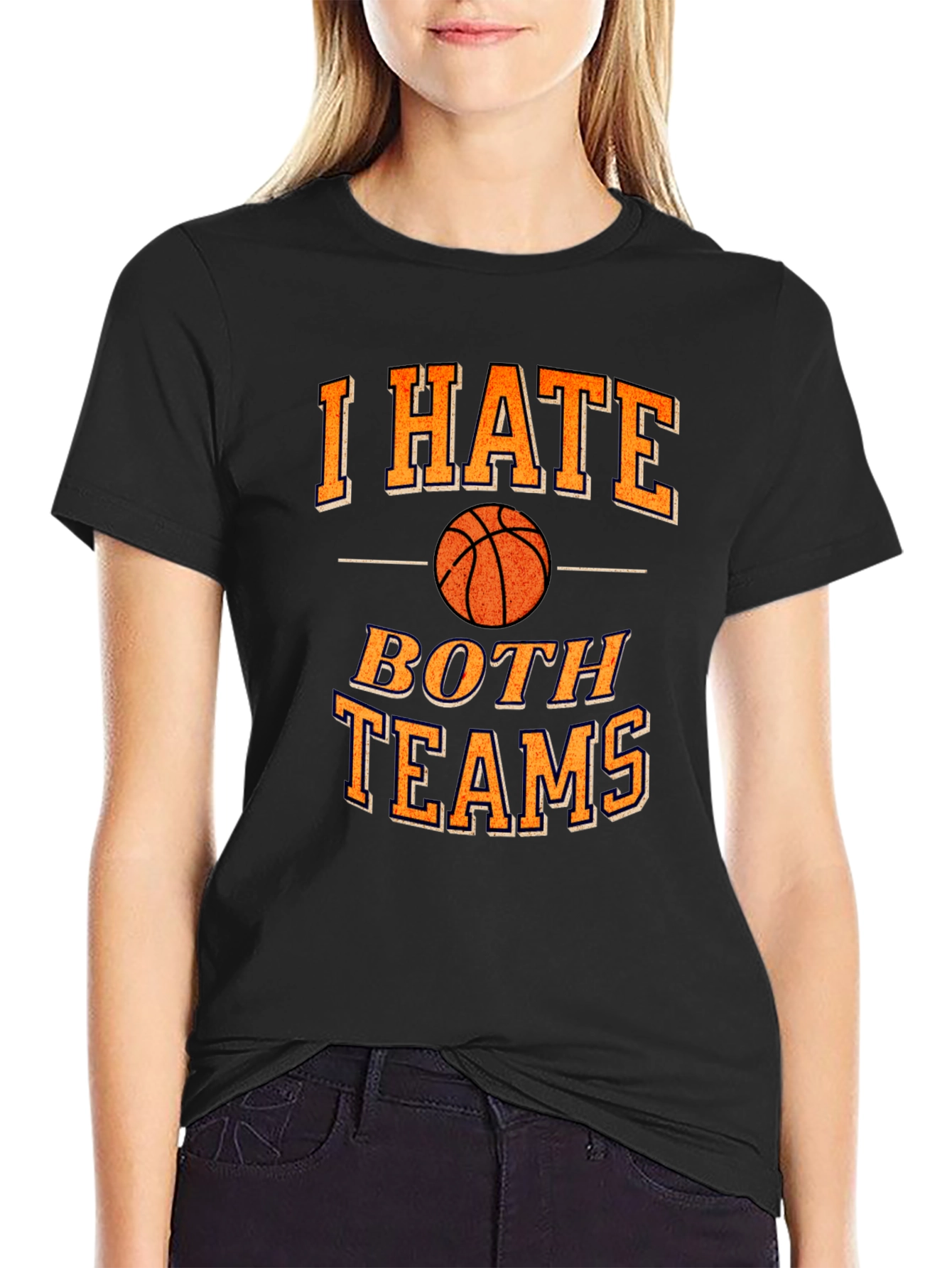Black Funny Basketball I Hate Both Teams T-Shirt view 2