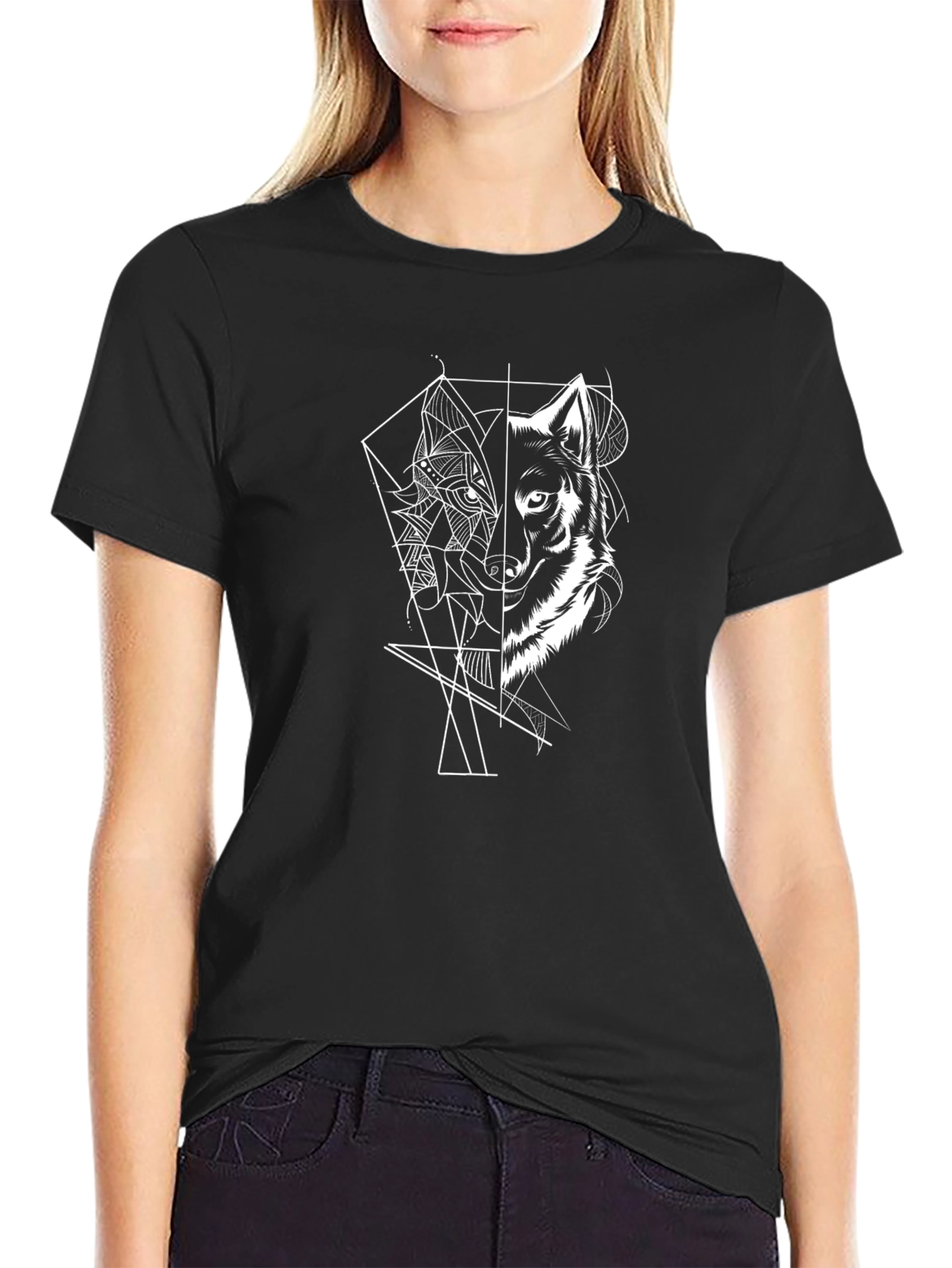 Black Geometric Wolf Graphic Print Black T-Shirt view 2
