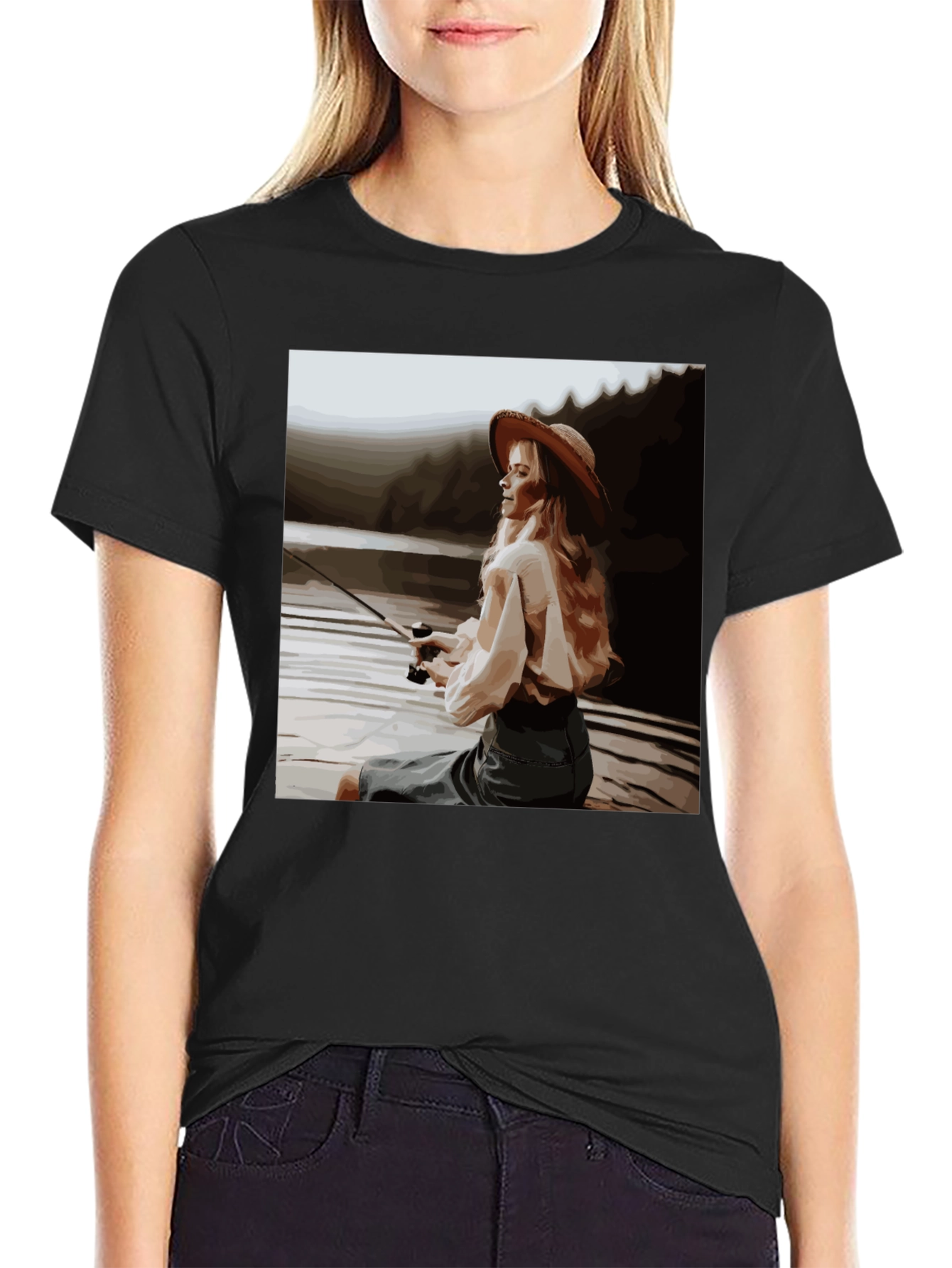 Black Woman Fishing Graphic Tee - Black Cotton T-Shirt view 2