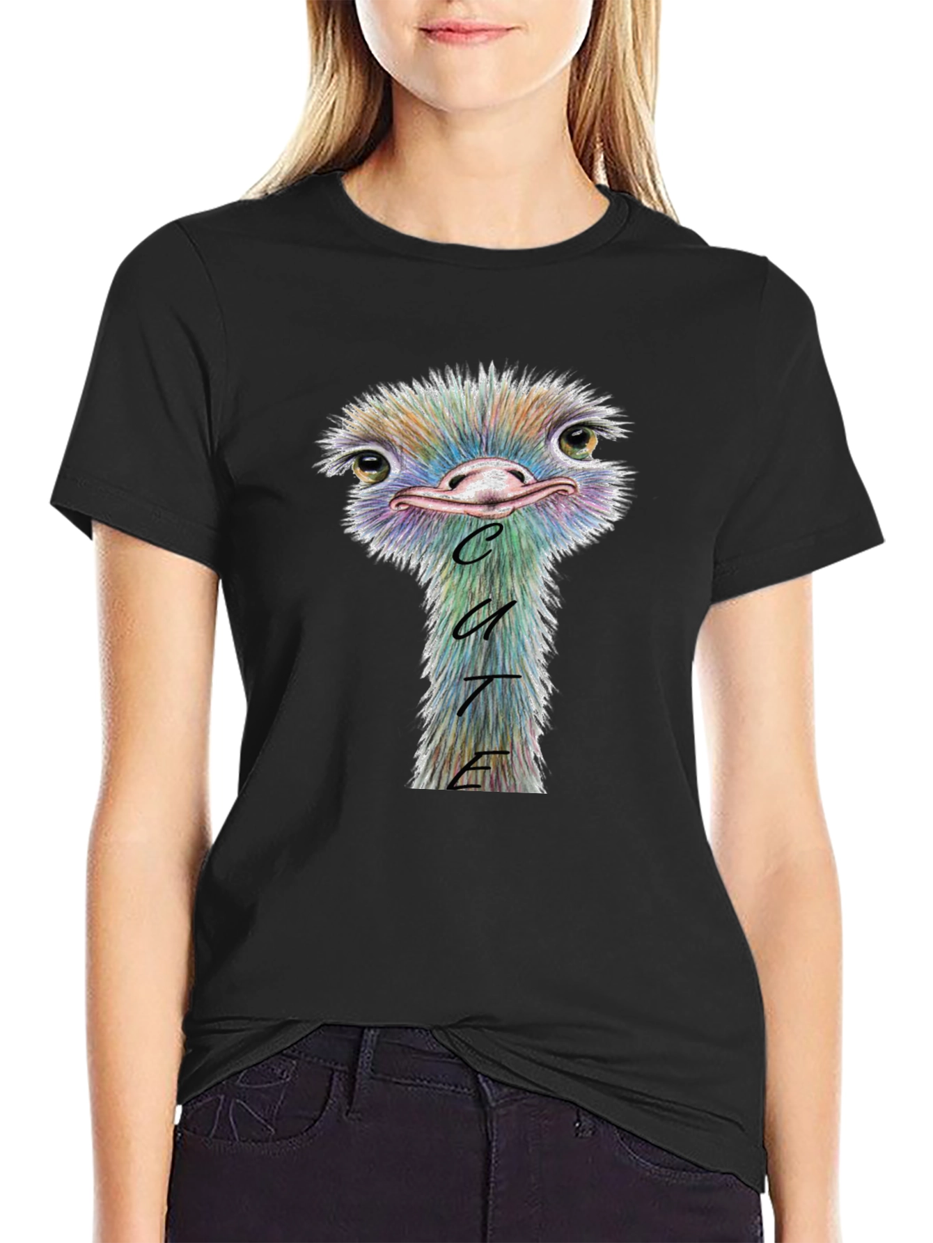 Black Cute Ostrich Graphic Tee - Soft Cotton Blend view 2