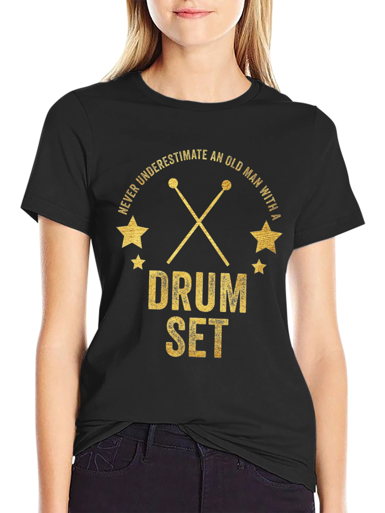Black Never Underestimate Old Man Drum Set T-Shirt view 2