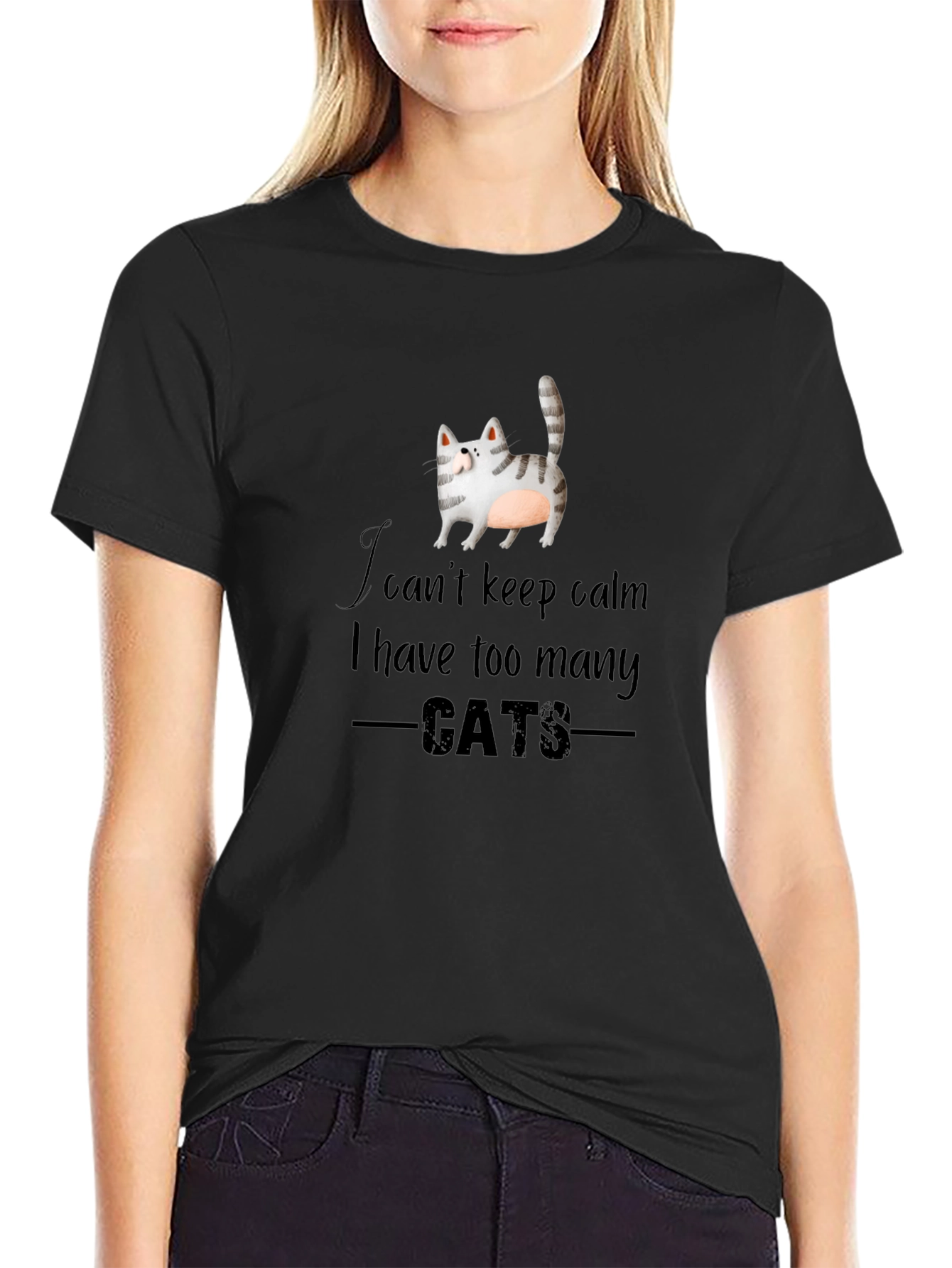 Black I Can't Keep Calm Too Many Cats Black Graphic Tee view 2