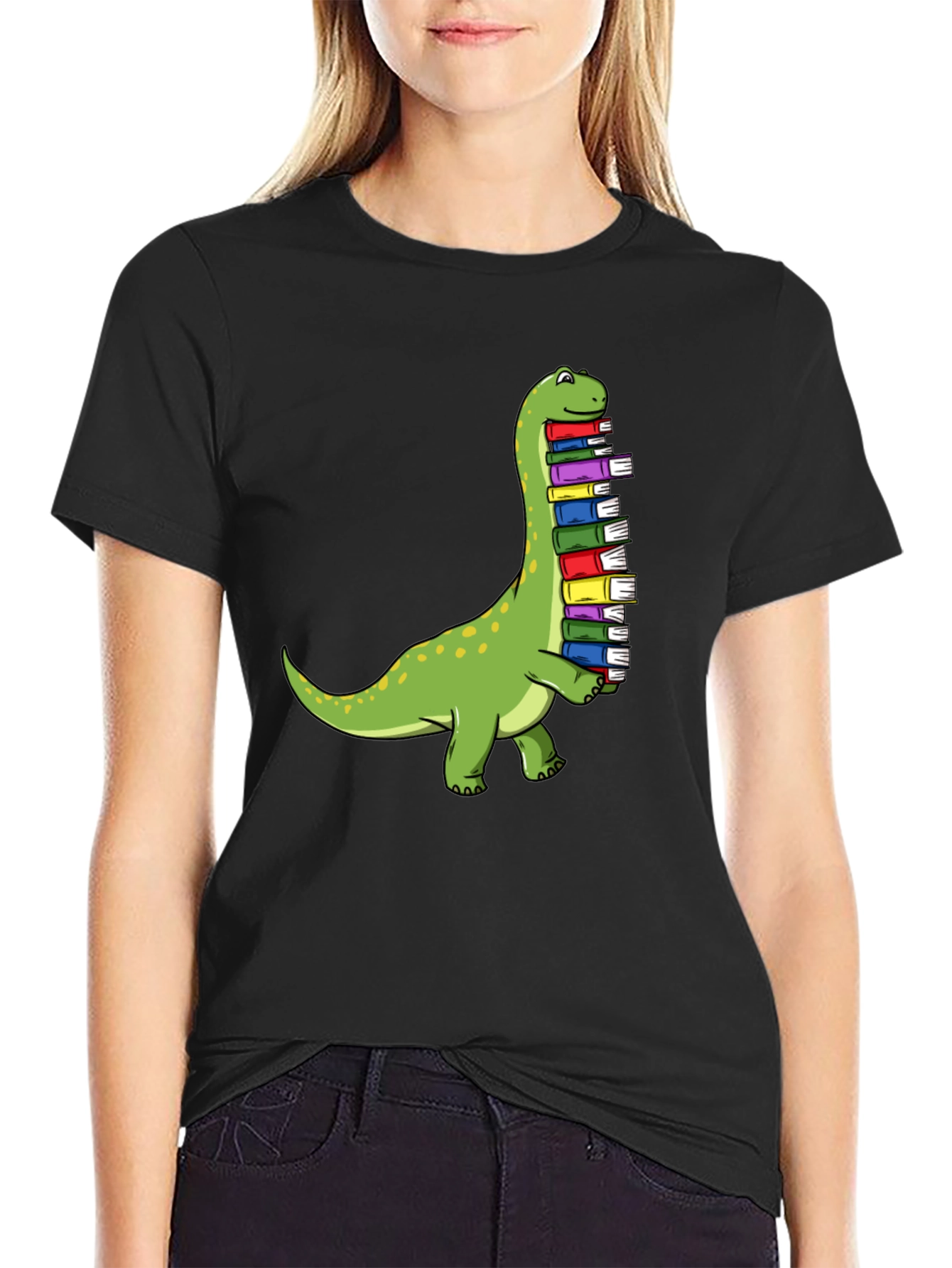 Black Dino Bookworm Tee - Cute Dinosaur Reading T-Shirt view 2