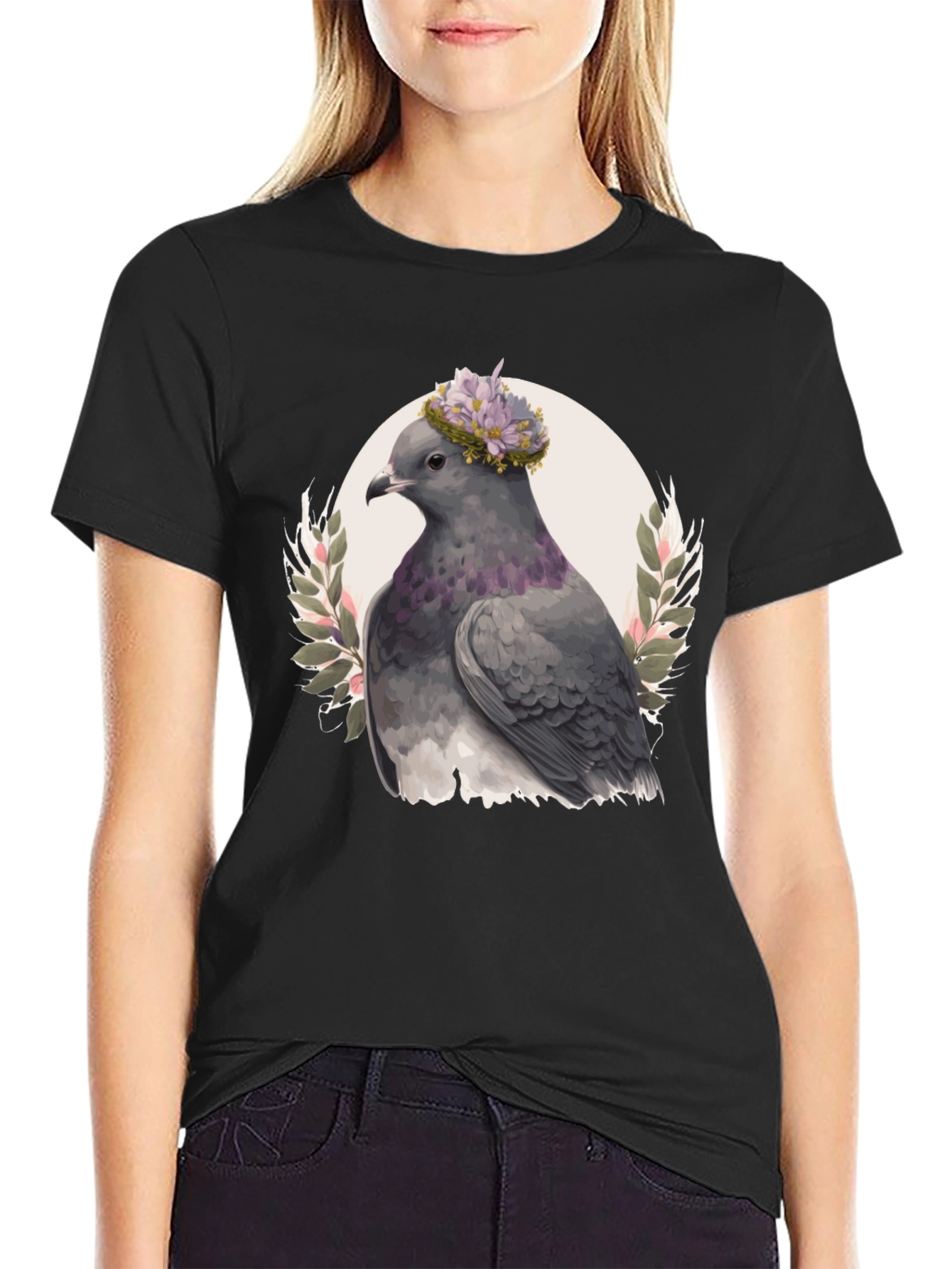 Black Pigeon with Floral Crown Graphic Tee view 2