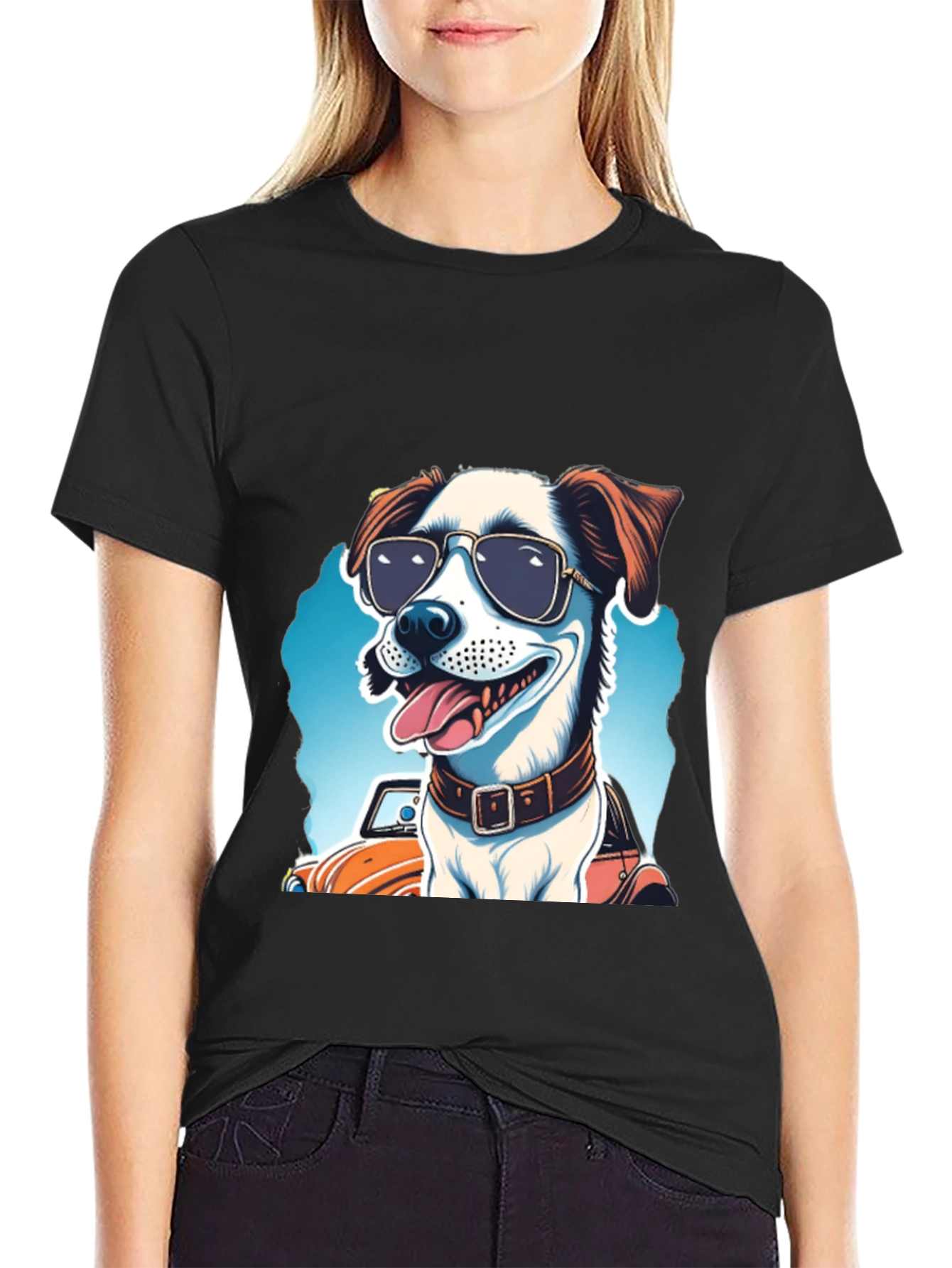 Black Cool Dog Tee: Sunglasses Pup Car Ride view 2