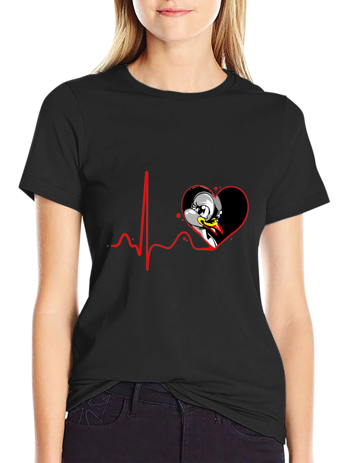 Black Cartoon Heartbeat Duck Tee view 2