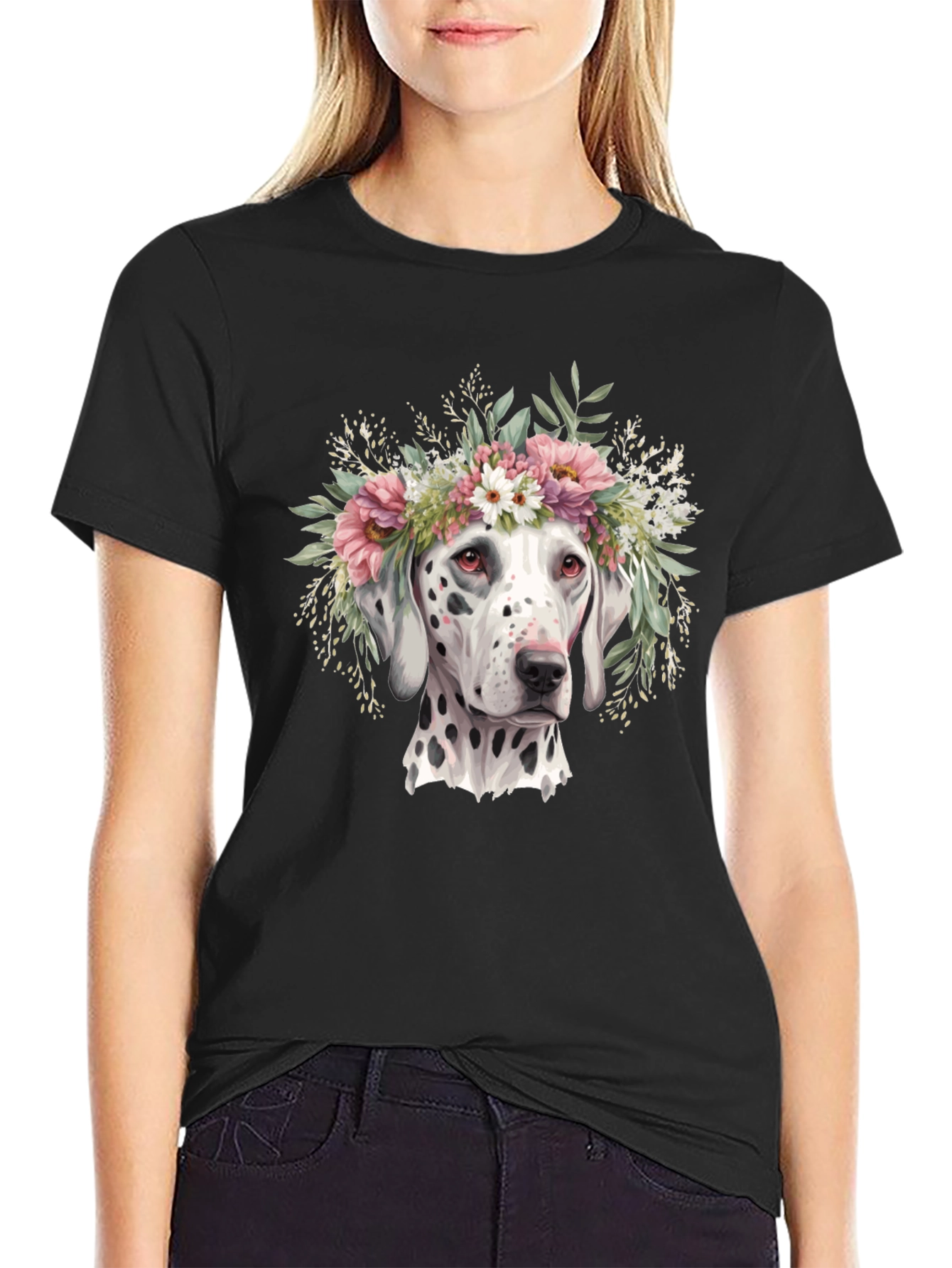 Black Dalmatian Flower Crown T-Shirt view 2
