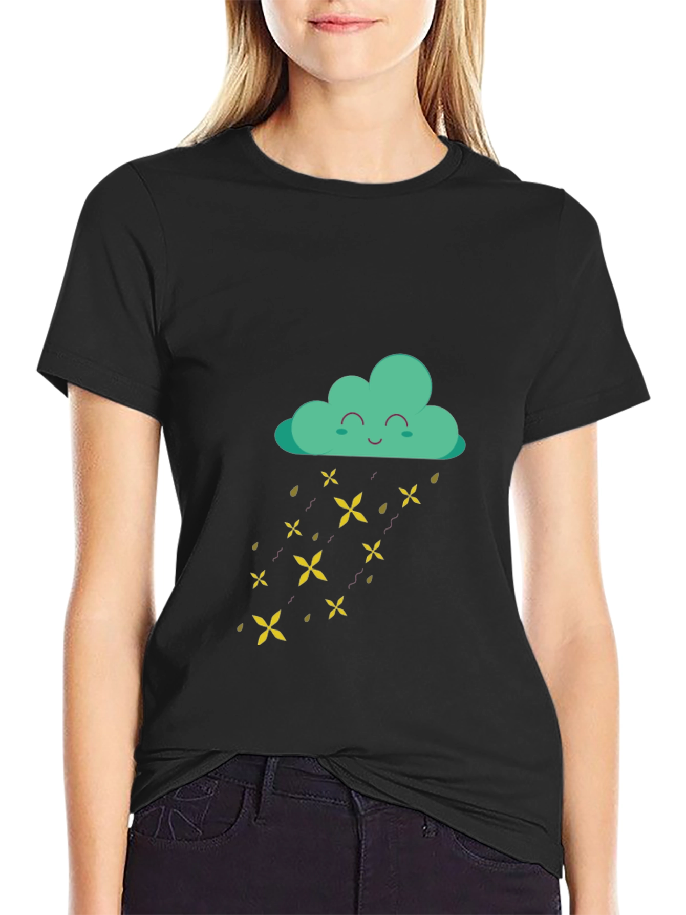 Black Happy Cloud Rain T-Shirt - Fun Graphic Tee view 2