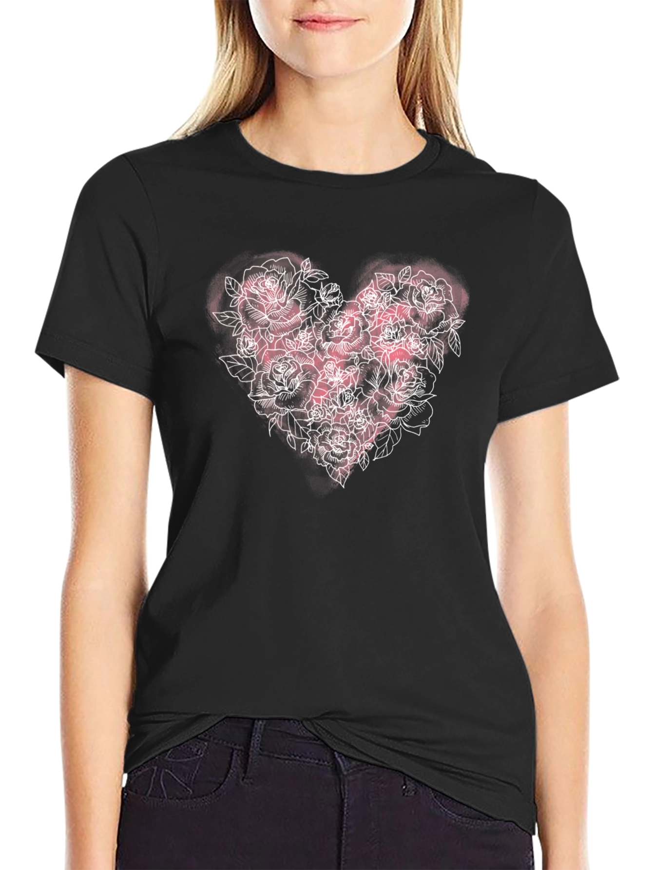 Black Floral Heart Rose T-Shirt - Black view 2