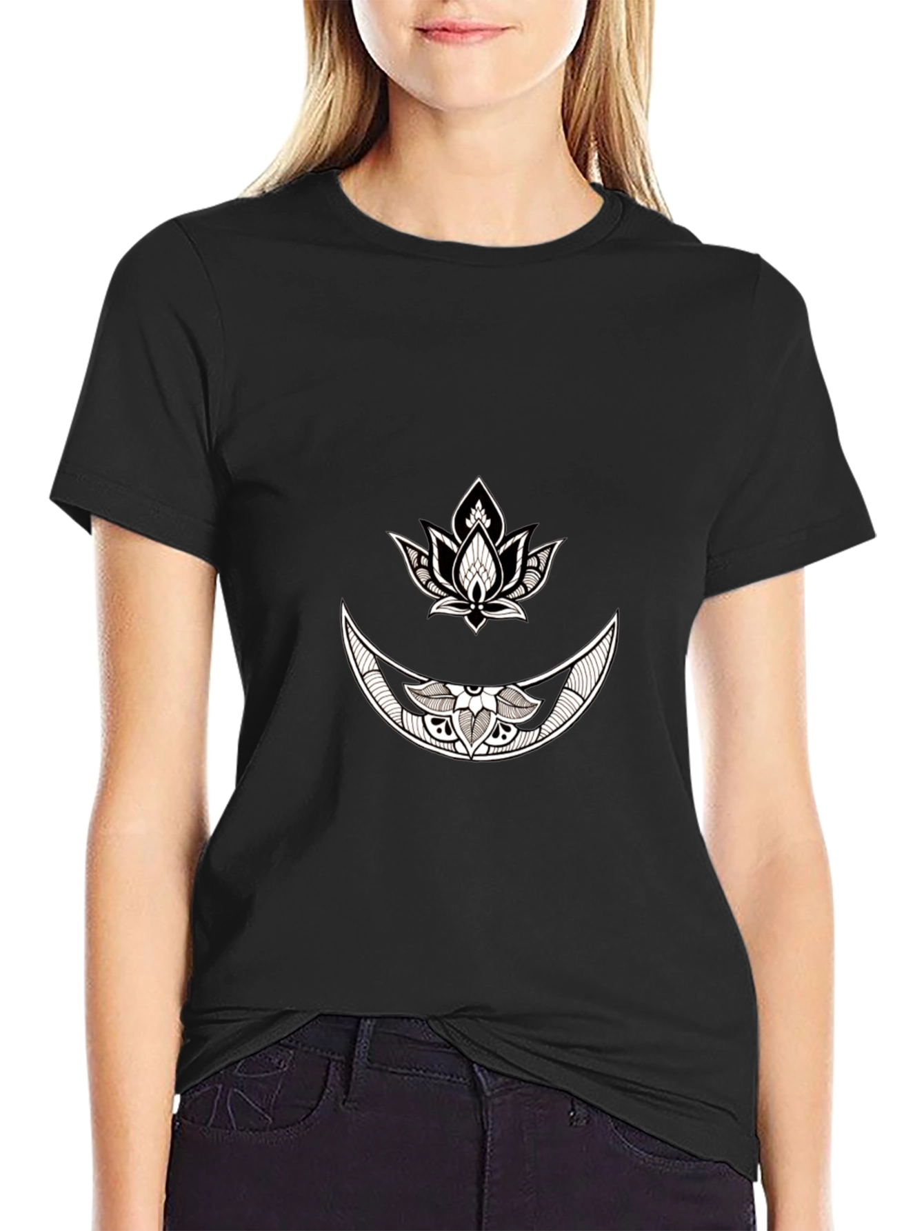 Black Black Graphic Tee with Moon & Lotus Design view 2
