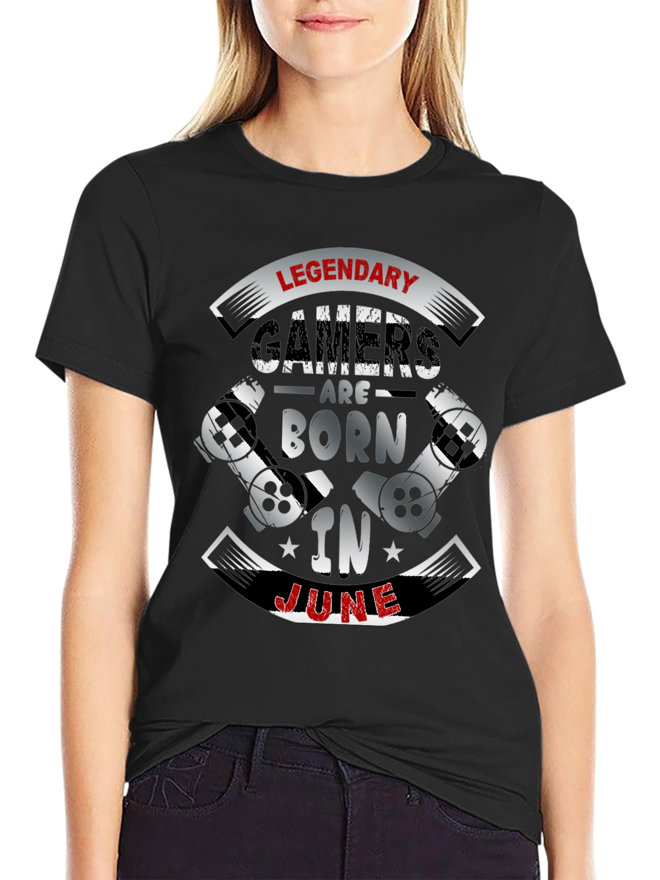 Black Legendary Gamers Born In June Black T-Shirt view 2