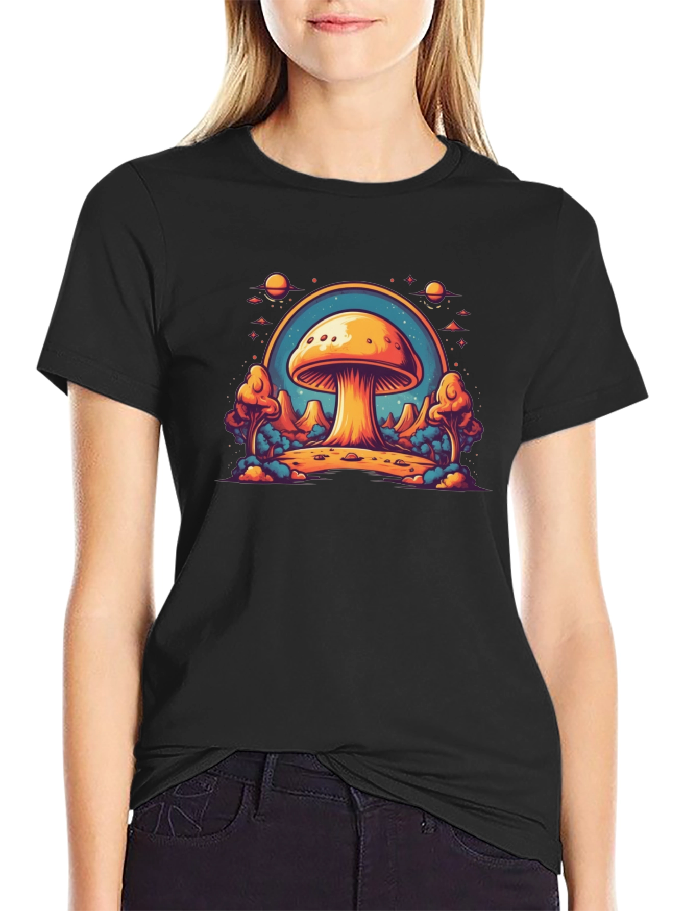 Black Psychedelic Mushroom T-Shirt - Trippy Space Design view 2