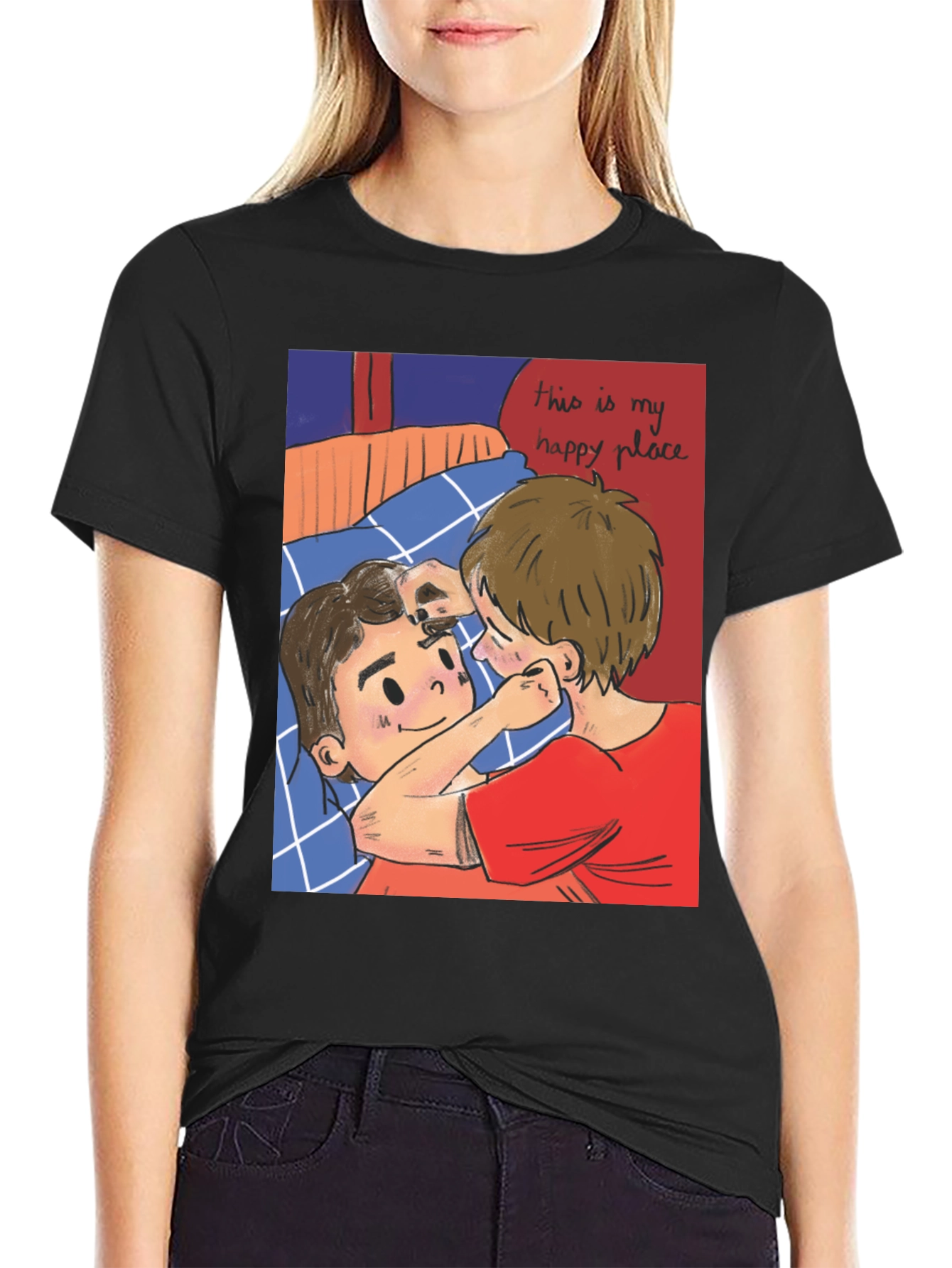 Black Romantic Cartoon Couple Graphic Tee view 2