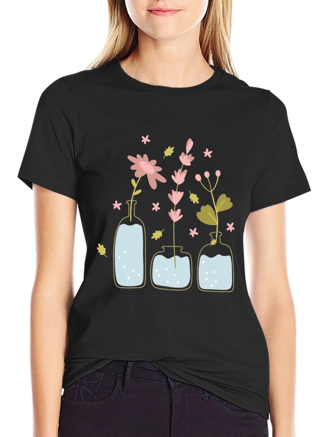 Black Floral Vases Graphic T-Shirt view 2