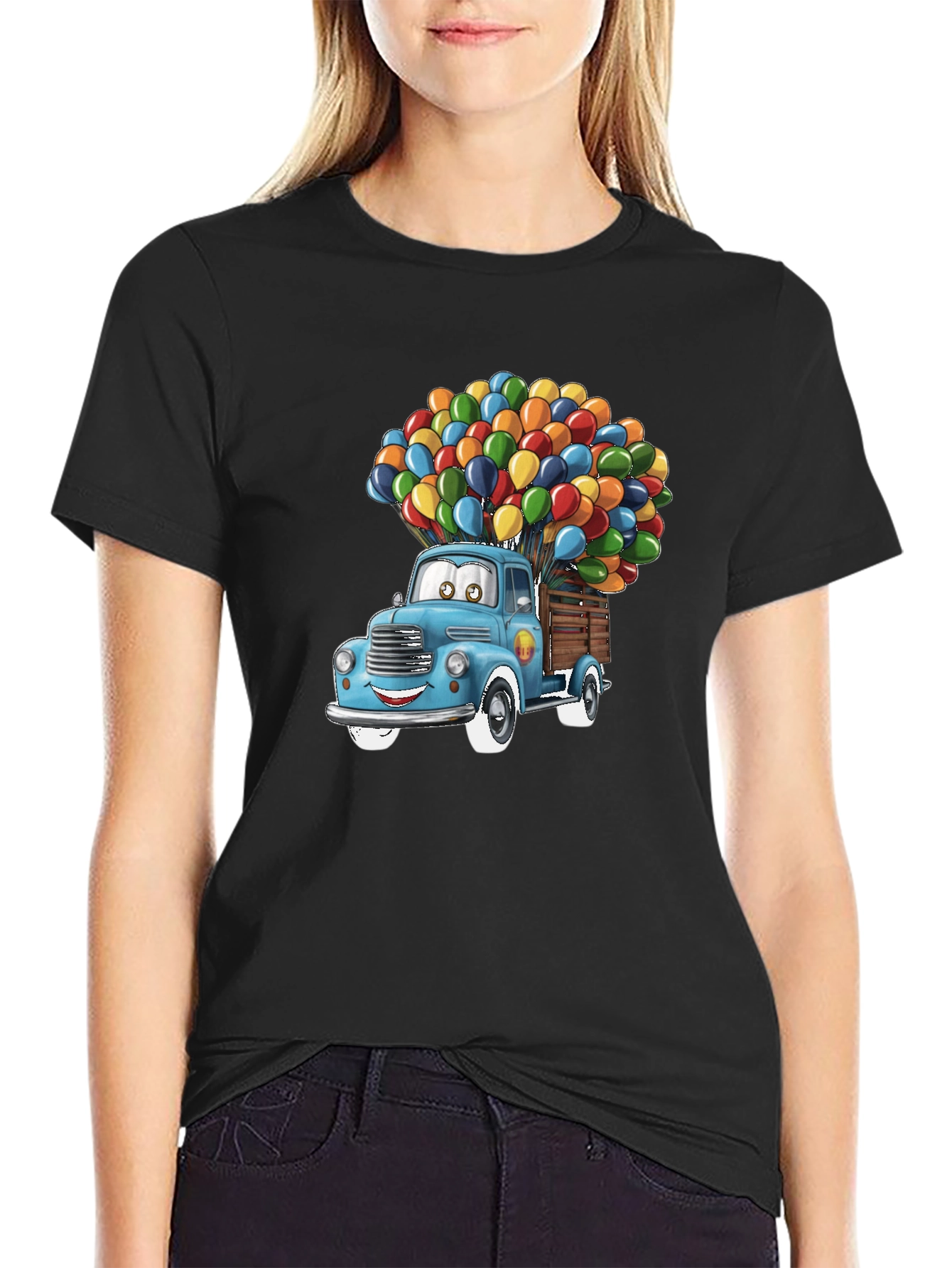 Black Cartoon Truck Balloon Graphic Tee view 2