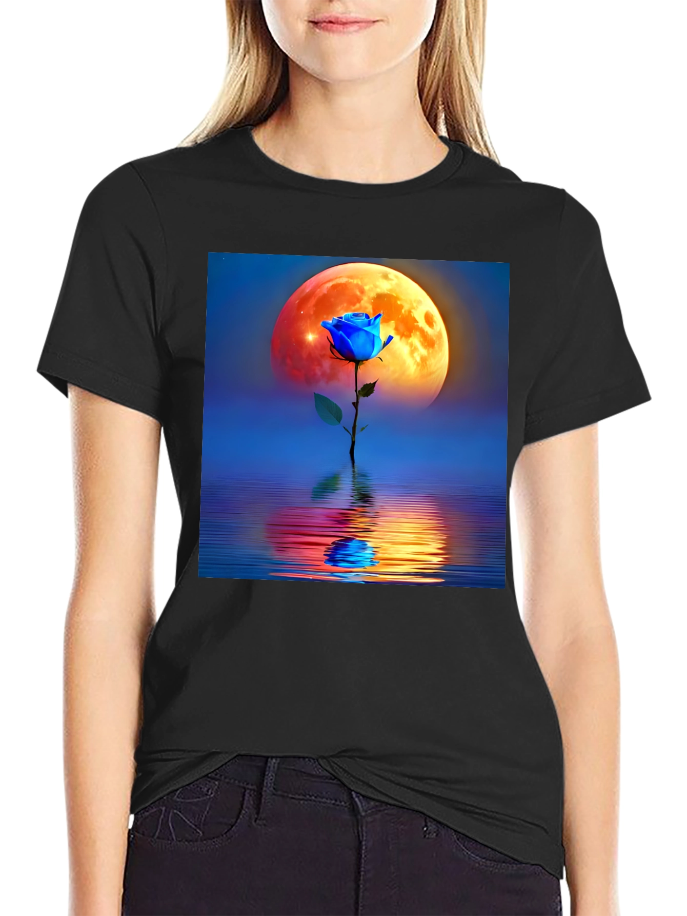 Black Blue Rose Moon Graphic Tee view 2