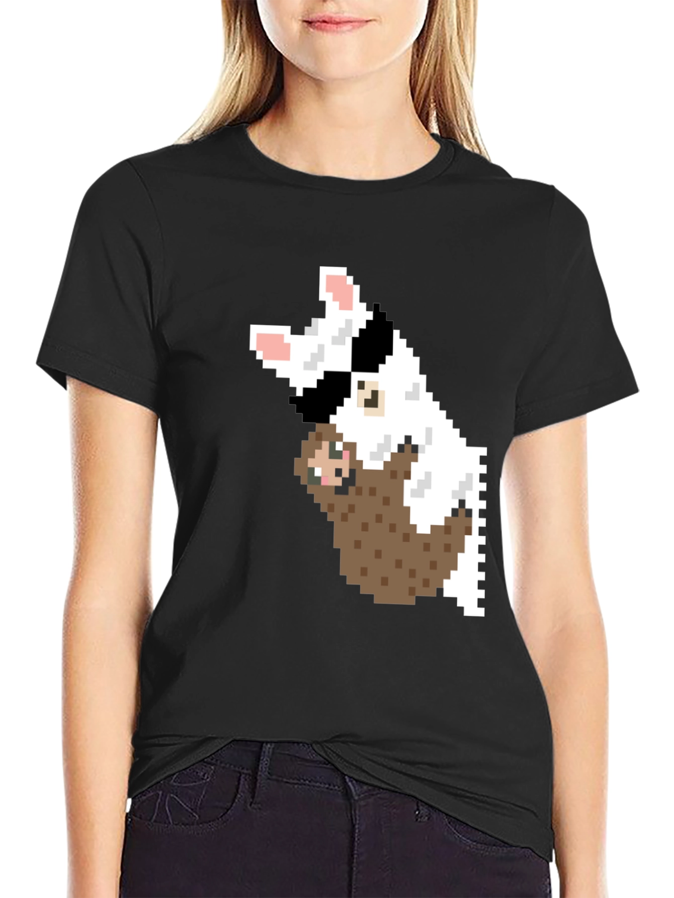 Black Pixel Art Sloth & Dog Graphic T-Shirt view 2