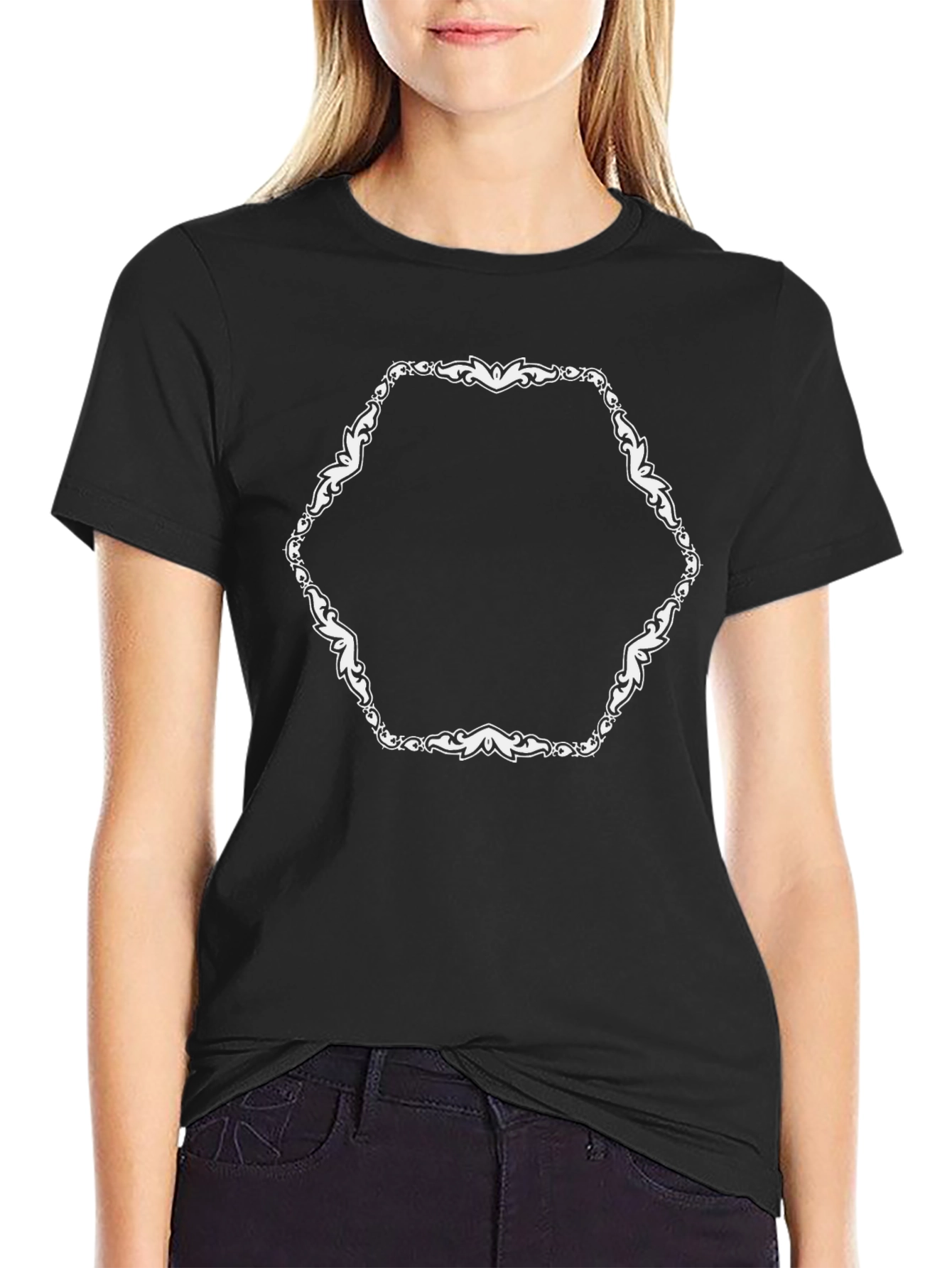 Black Stylish Black T-Shirt with Ornate Hexagon Design view 2