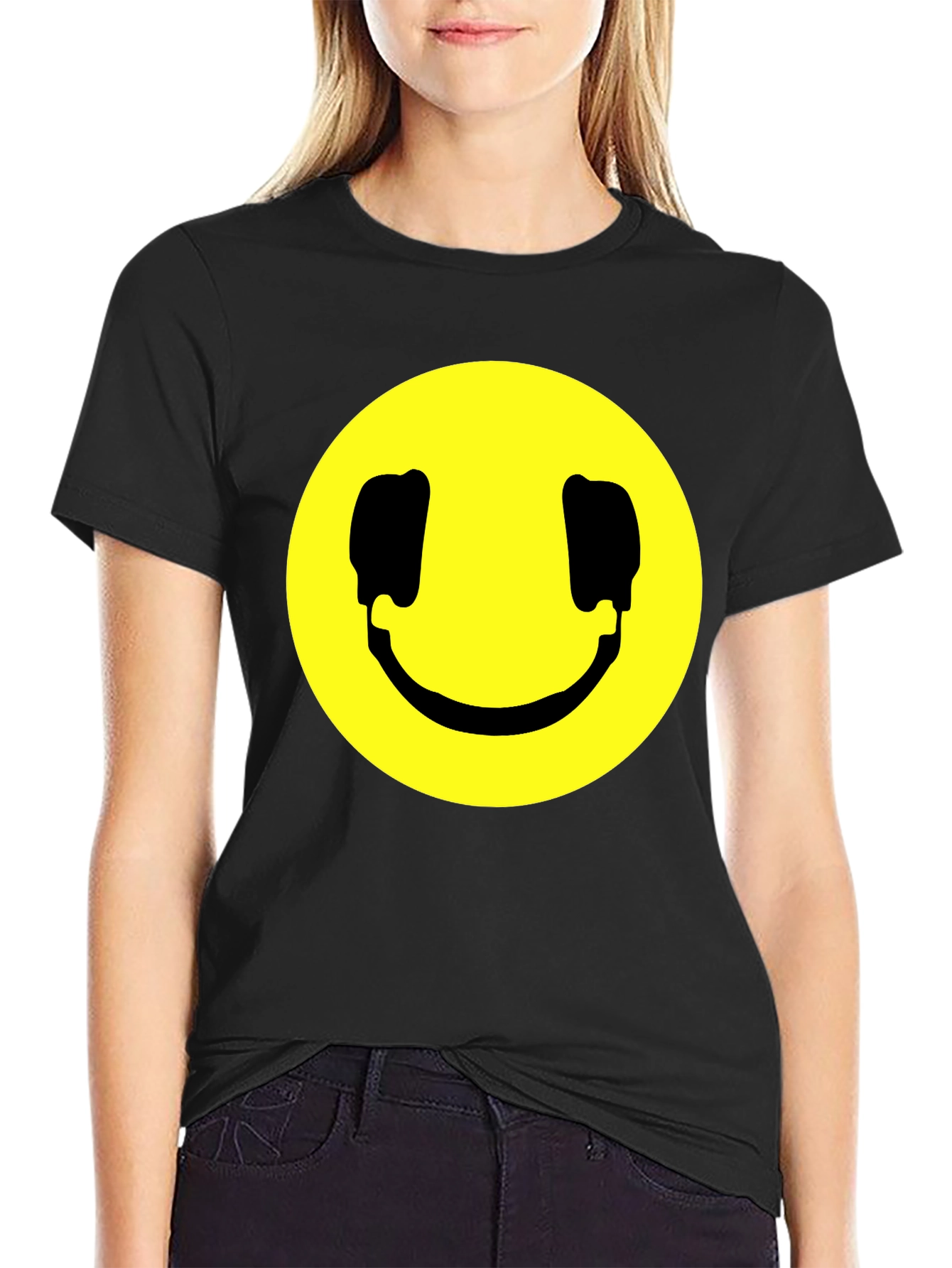 Black Smiley Face Graphic Black T-Shirt view 2