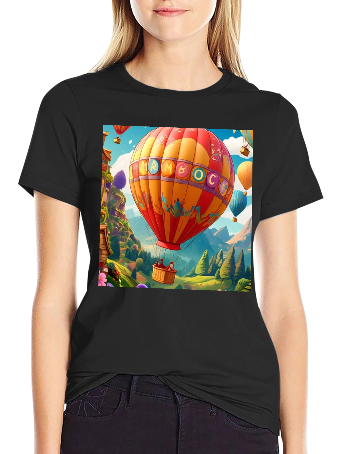 Black Cartoon Hot Air Balloon Graphic Tee view 2