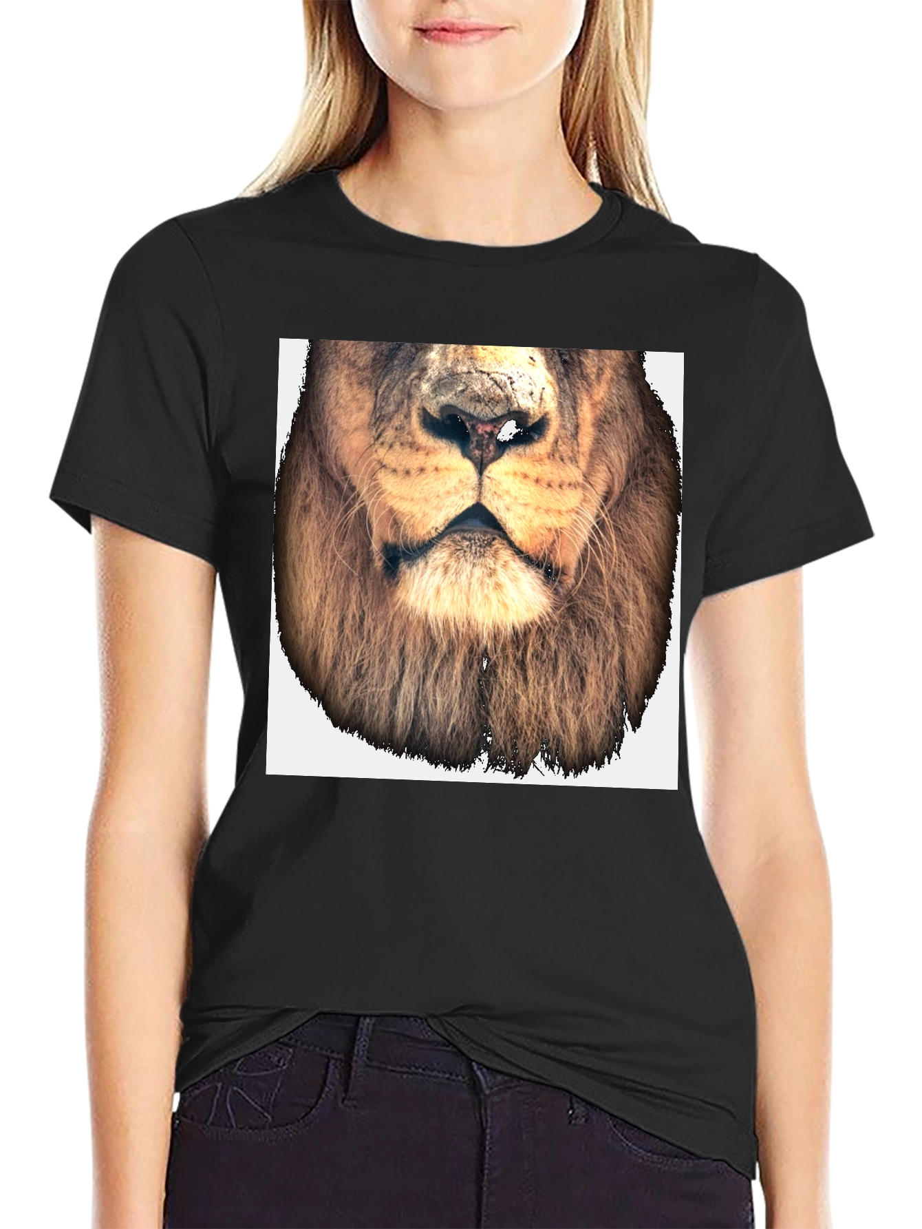 Black Lion Face Graphic Tee - Black Cotton T-Shirt view 2