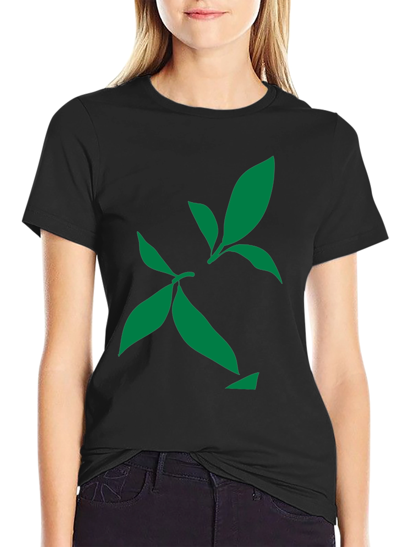 Black Green Leaf Design Black T-Shirt view 2