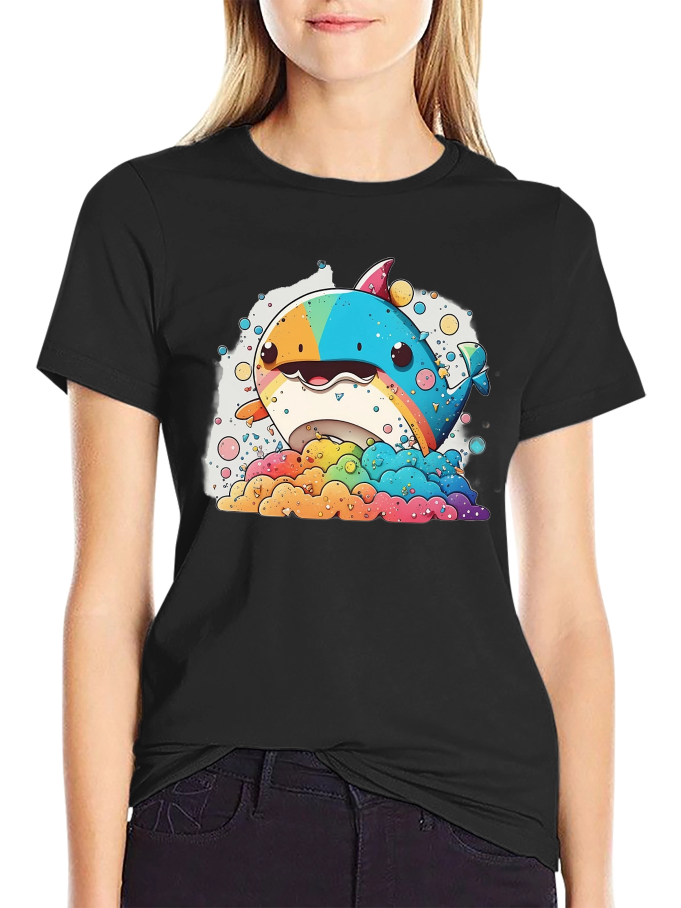 Black Rainbow Whale Graphic Tee - Fun & Colorful Design view 2