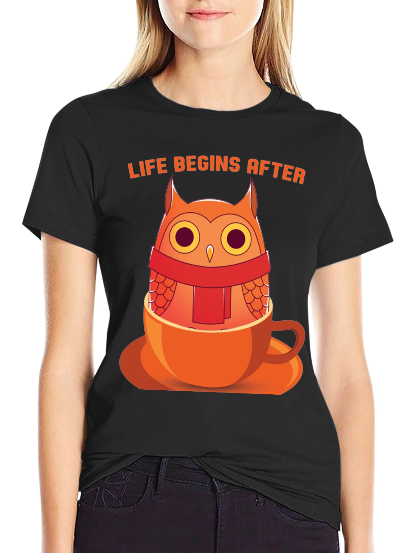 Black Owl in a Cup T-Shirt - "Life Begins After" Design view 2