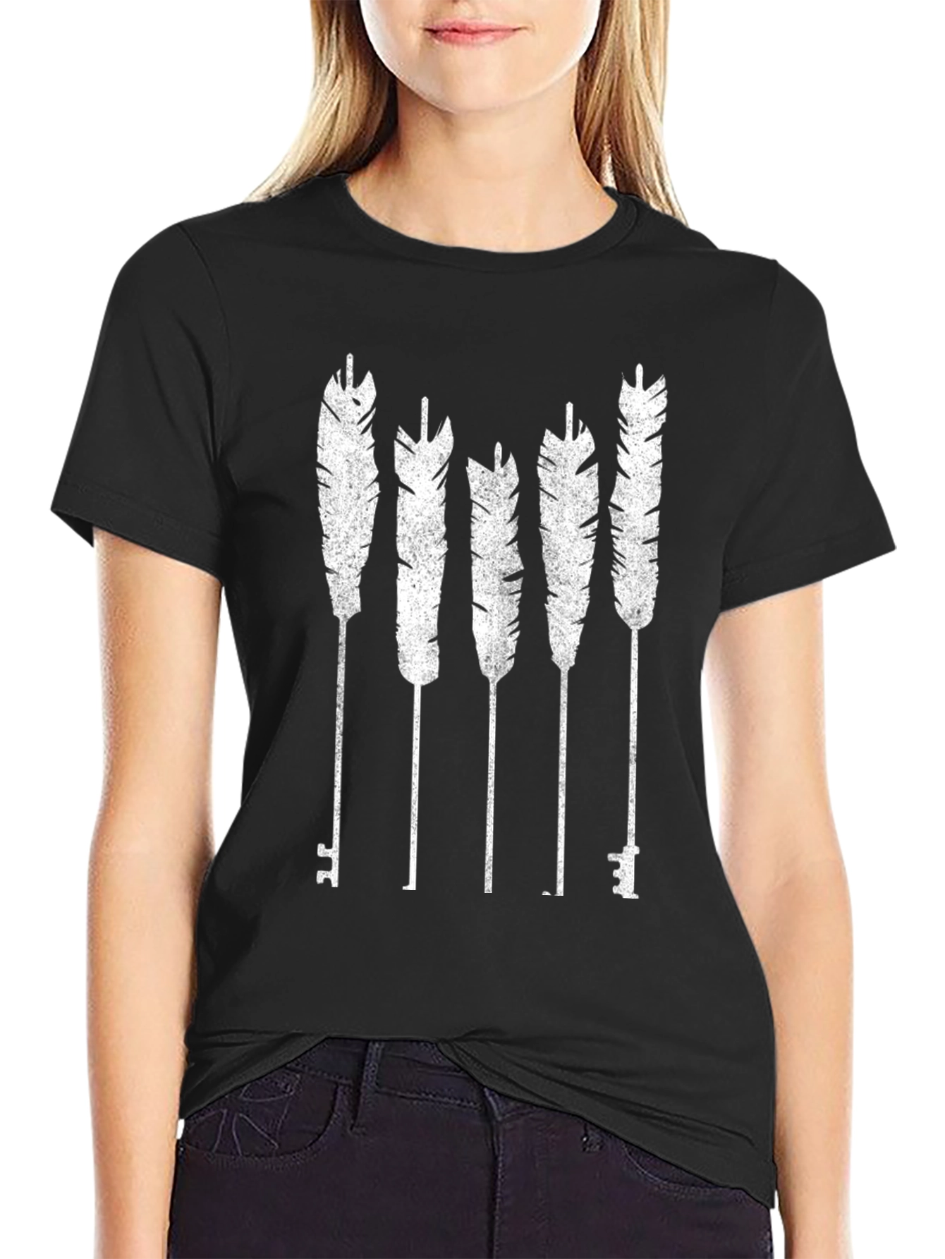 Black Feather Key Graphic Tee - Black Cotton Blend view 2