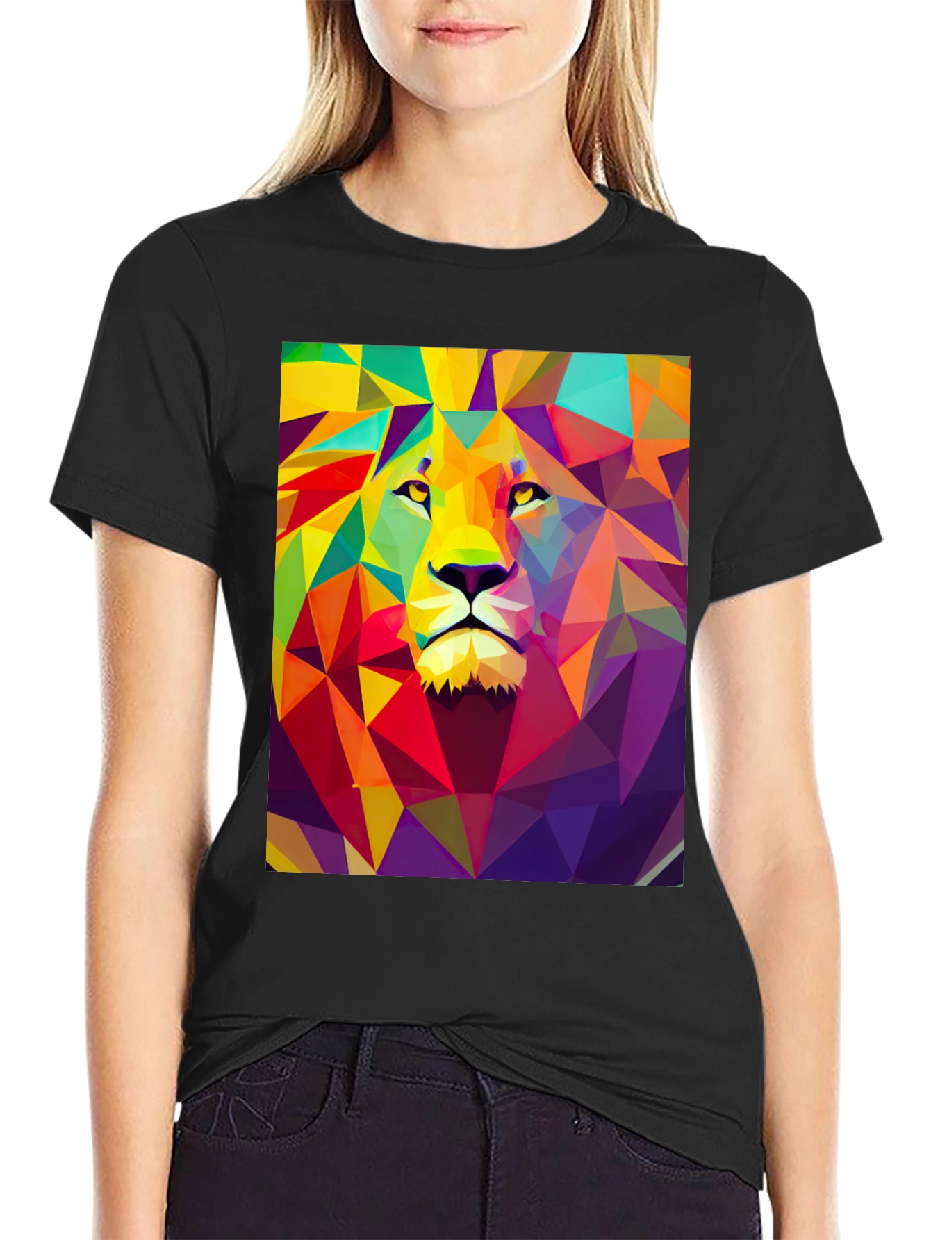 Black Geometric Lion Graphic Tee - Black Cotton Comfort view 2