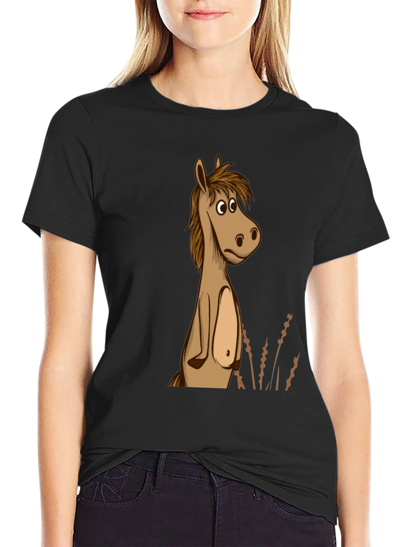 Black Funny Horse Cartoon Graphic Black T-Shirt view 2