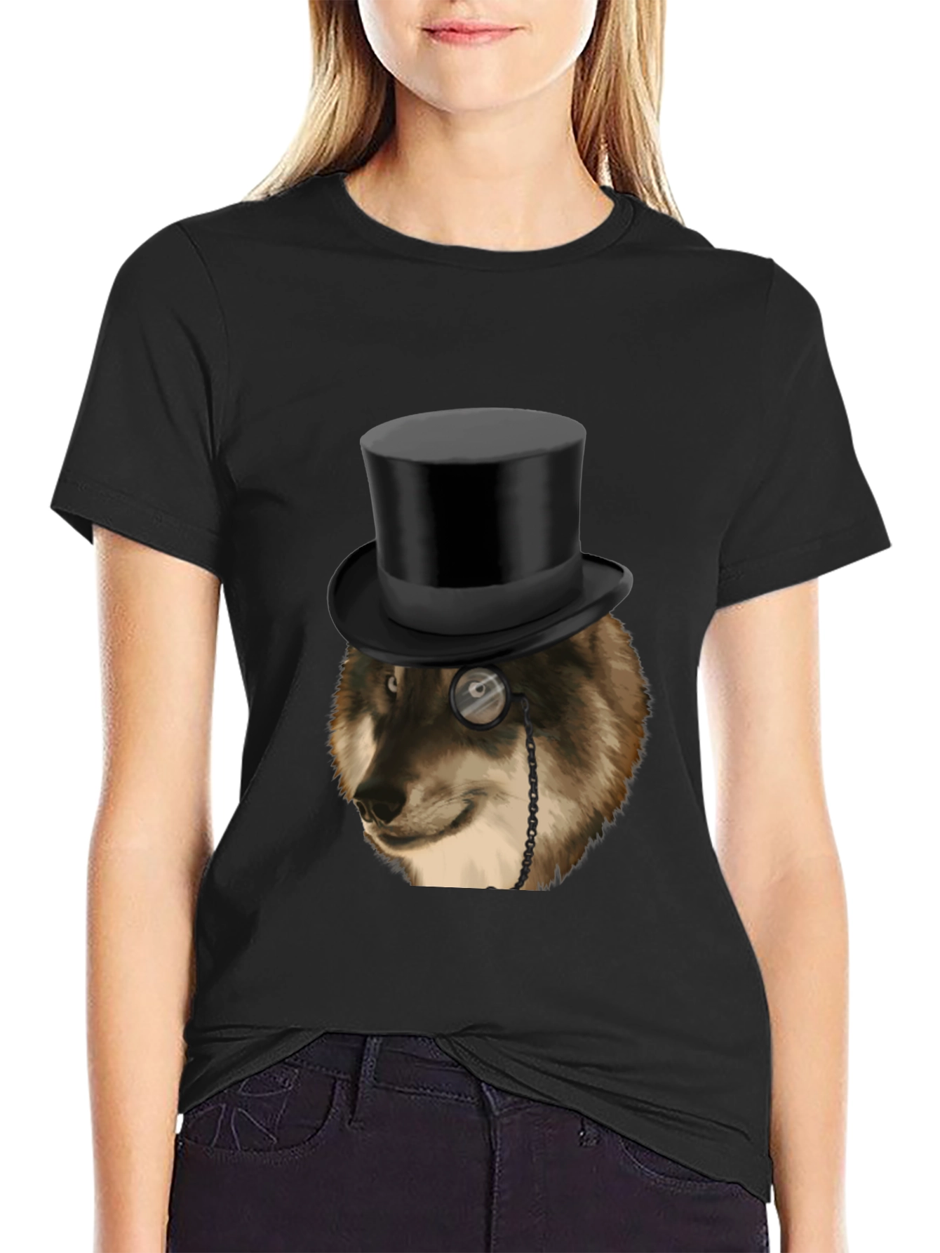 Black Wolf Top Hat Monocle Men's Black Graphic T-Shirt view 2