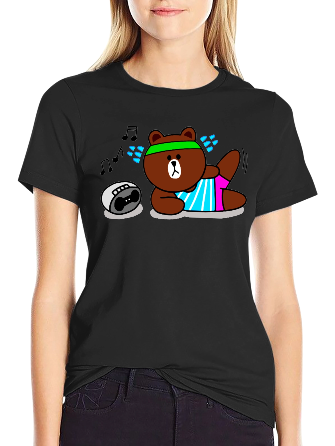 Black Workout Bear Graphic T-Shirt - Black Cotton view 2