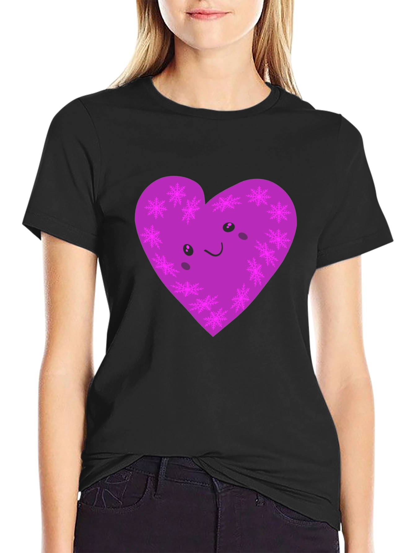 Black Cute Purple Snowflake Heart Graphic T-Shirt view 2