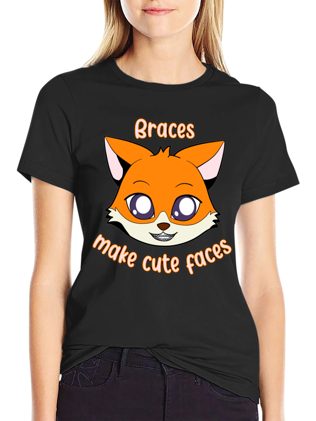 Black Cute Fox Braces T-Shirt - Make Cute Faces! view 2