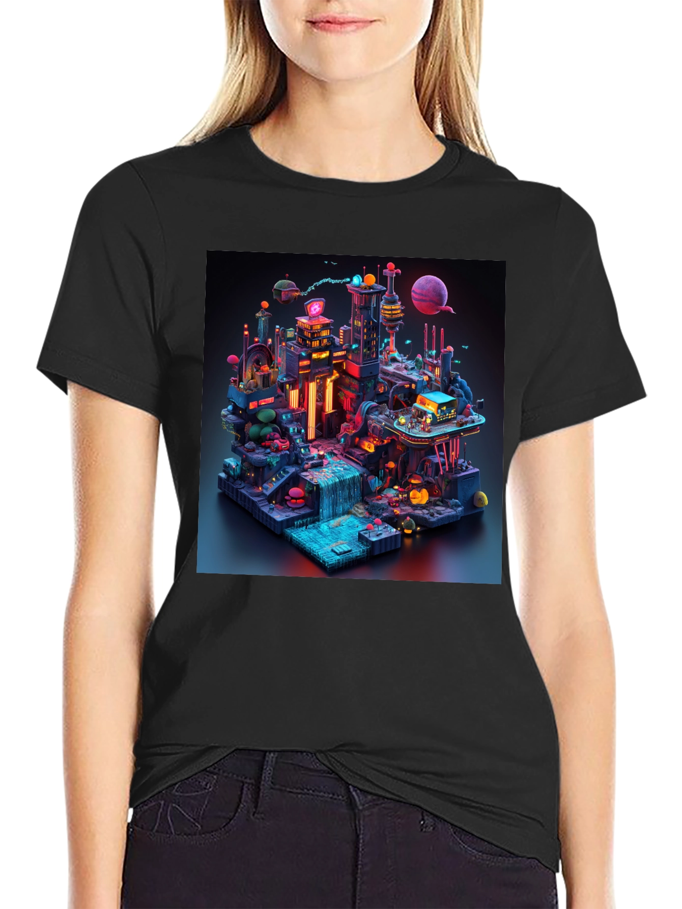 Black Futuristic Cityscape Graphic Tee view 2