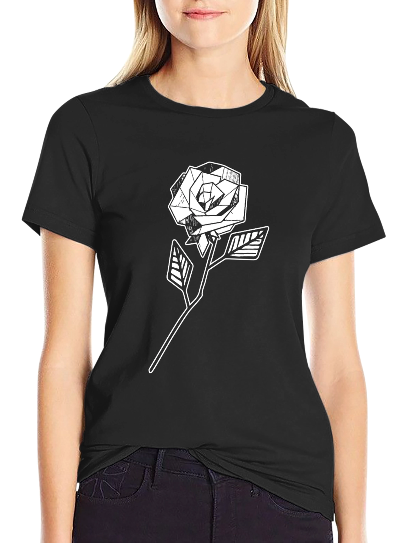 Black Geometric Rose Graphic Tee - Modern Style view 2