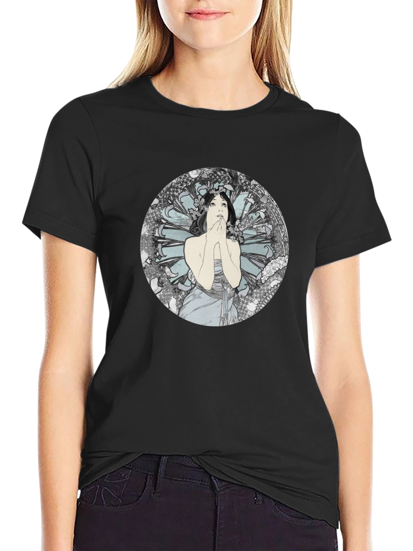 Black Art Nouveau Lady Graphic Black T-Shirt view 2