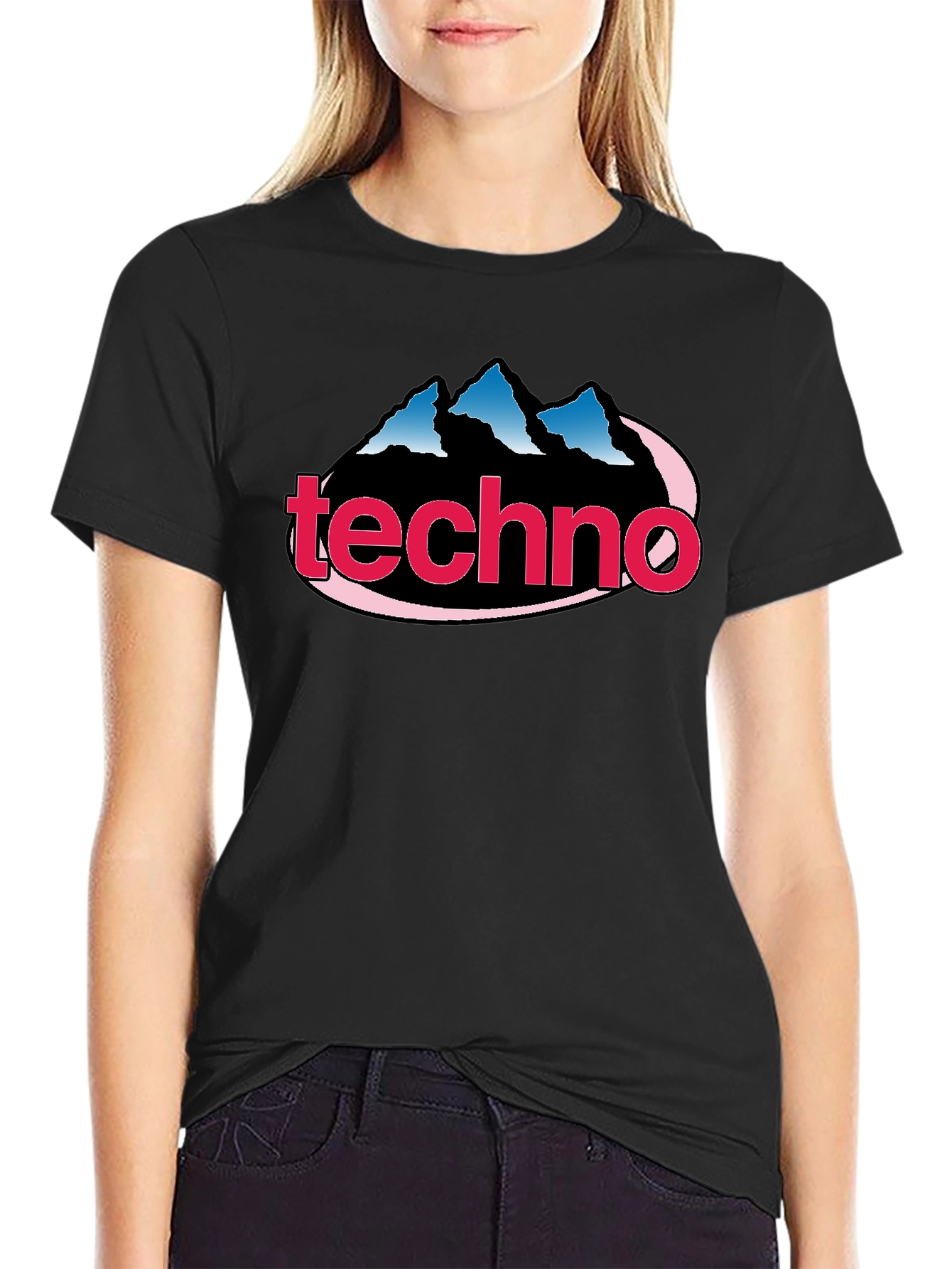 Black Techno Music Graphic Tee - Classic Style, Mountain Logo view 2