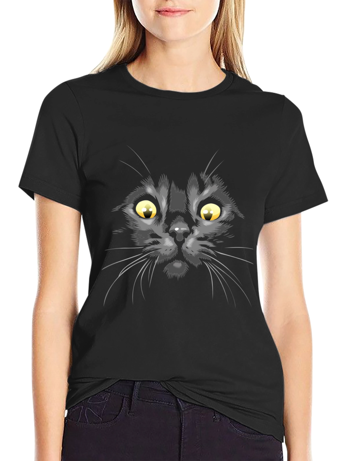 Black Black Cat Face Graphic T-Shirt view 2