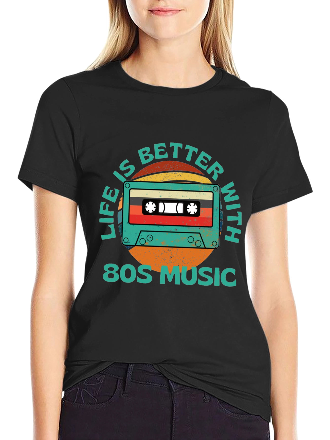 Black Retro 80s Music Cassette Graphic T-Shirt view 2