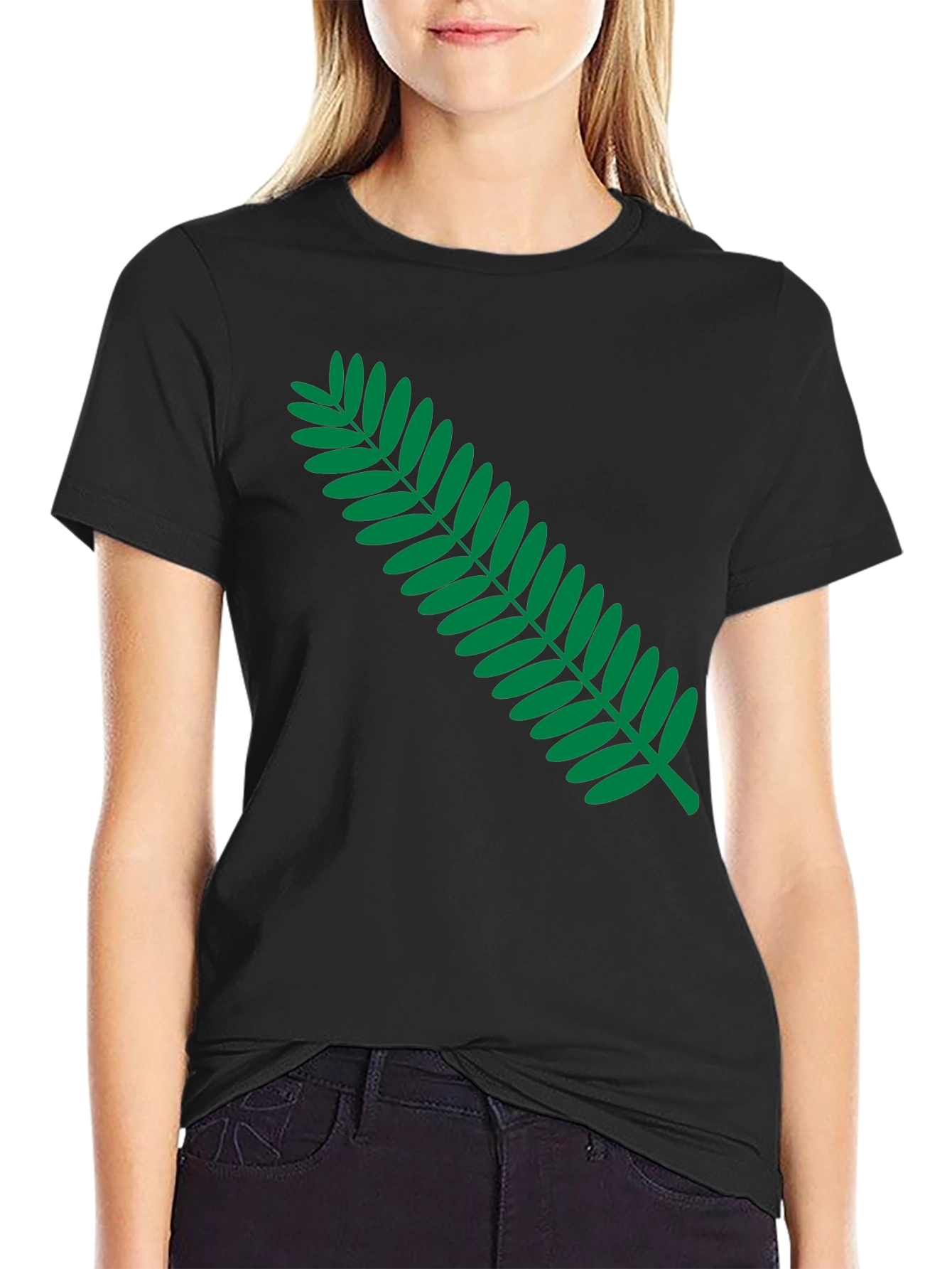 Black Black T-Shirt with Green Fern Graphic Print view 2