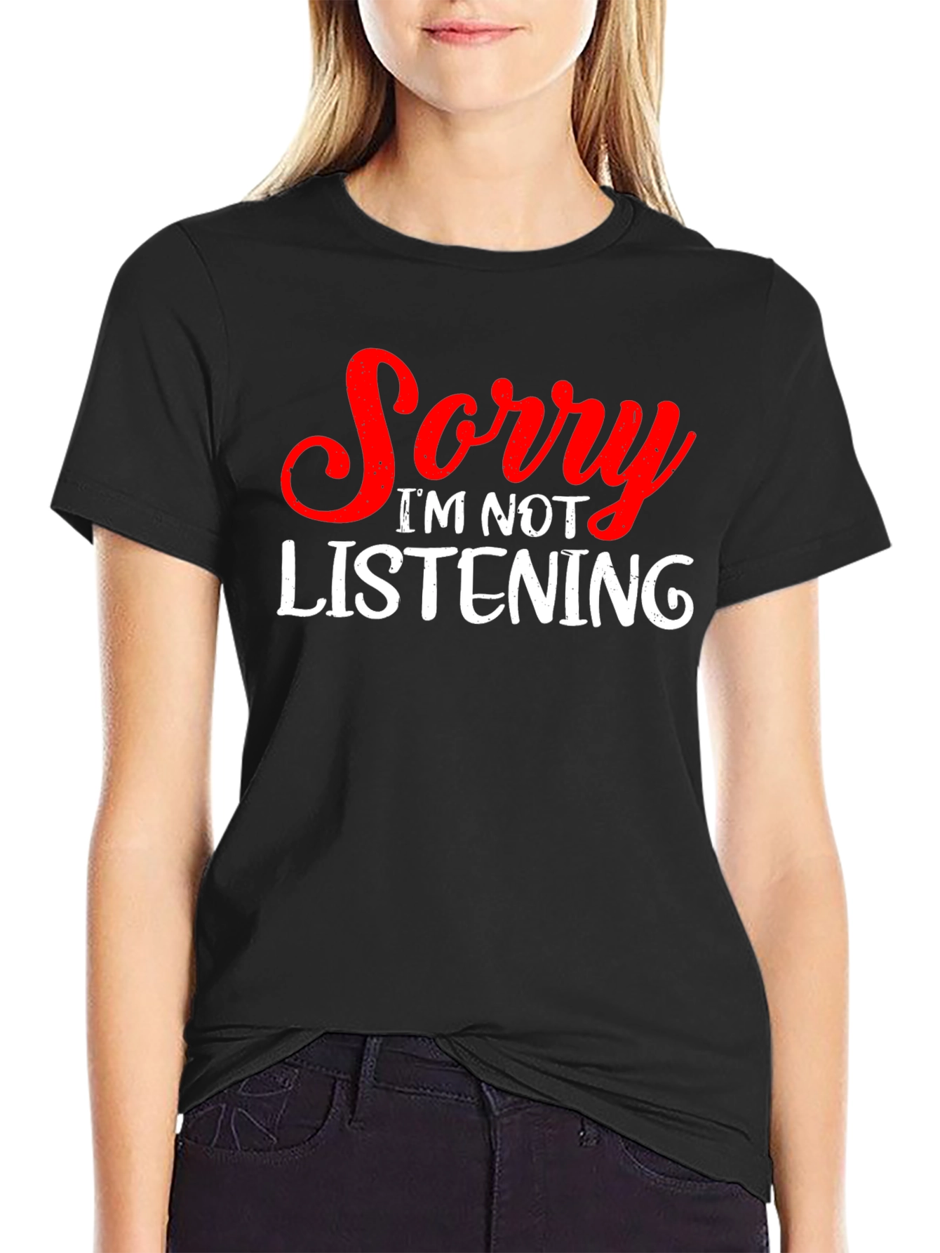Black Funny "Sorry I'm Not Listening" Graphic T-Shirt view 2