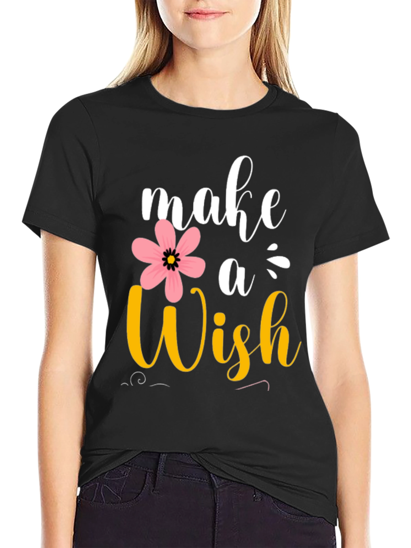 Black Make a Wish T-Shirt - Floral Design view 2