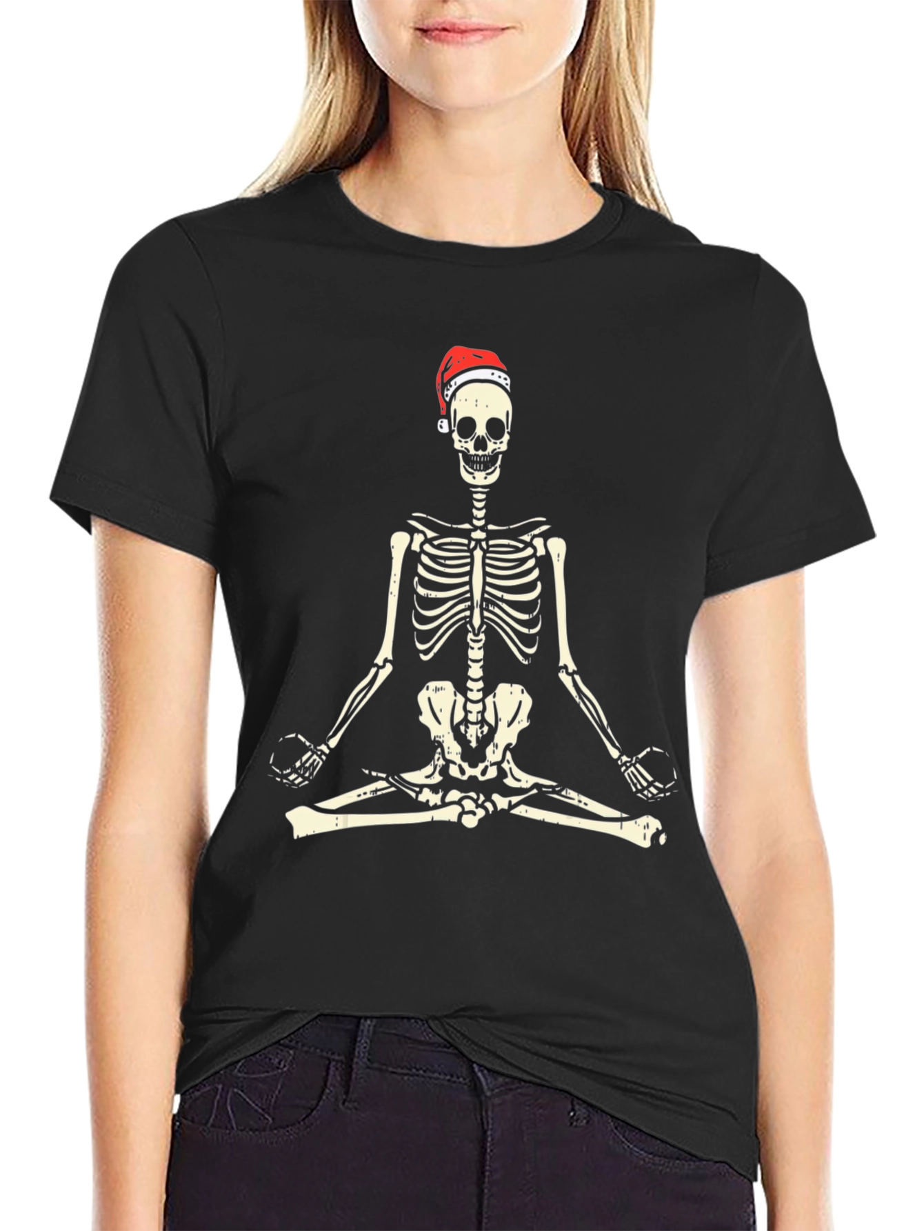 Black Meditating Skeleton Santa Hat T-Shirt view 2