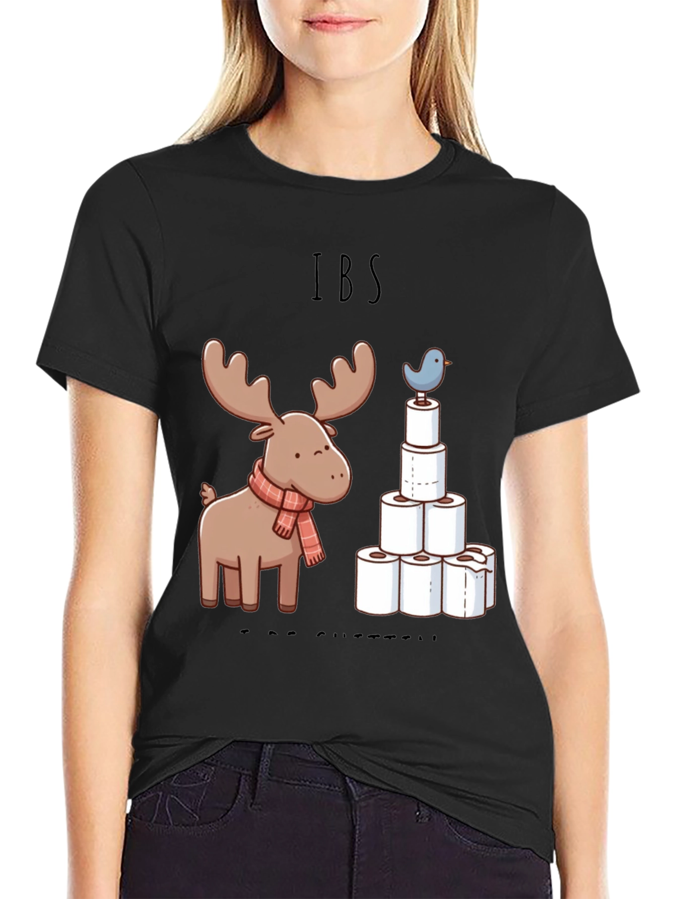 Black IBS Humor Tee - Moose and TP Tower Graphic T-Shirt view 2